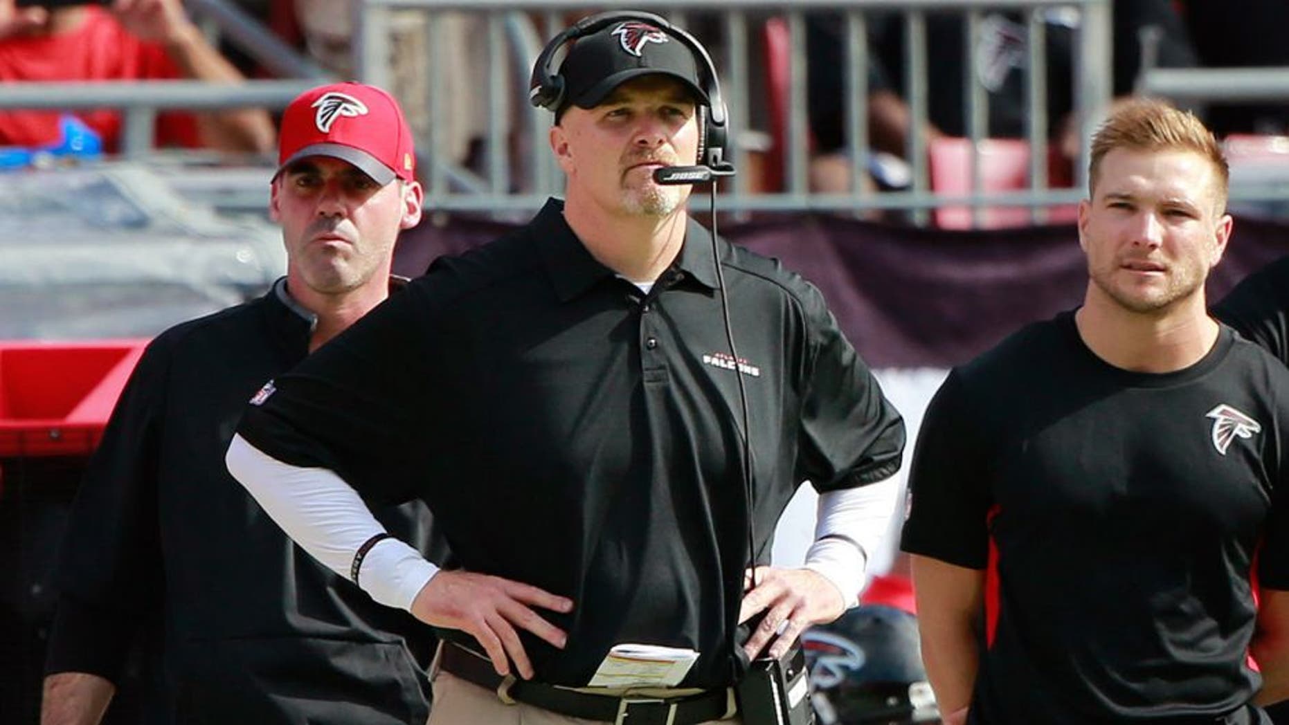 Dec 6, 2015; Tampa, FL, USA; Atlanta Falcons head coach Dan Quinn during the first quarter at Raymond James Stadium. Mandatory Credit: Kim Klement-USA TODAY Sports