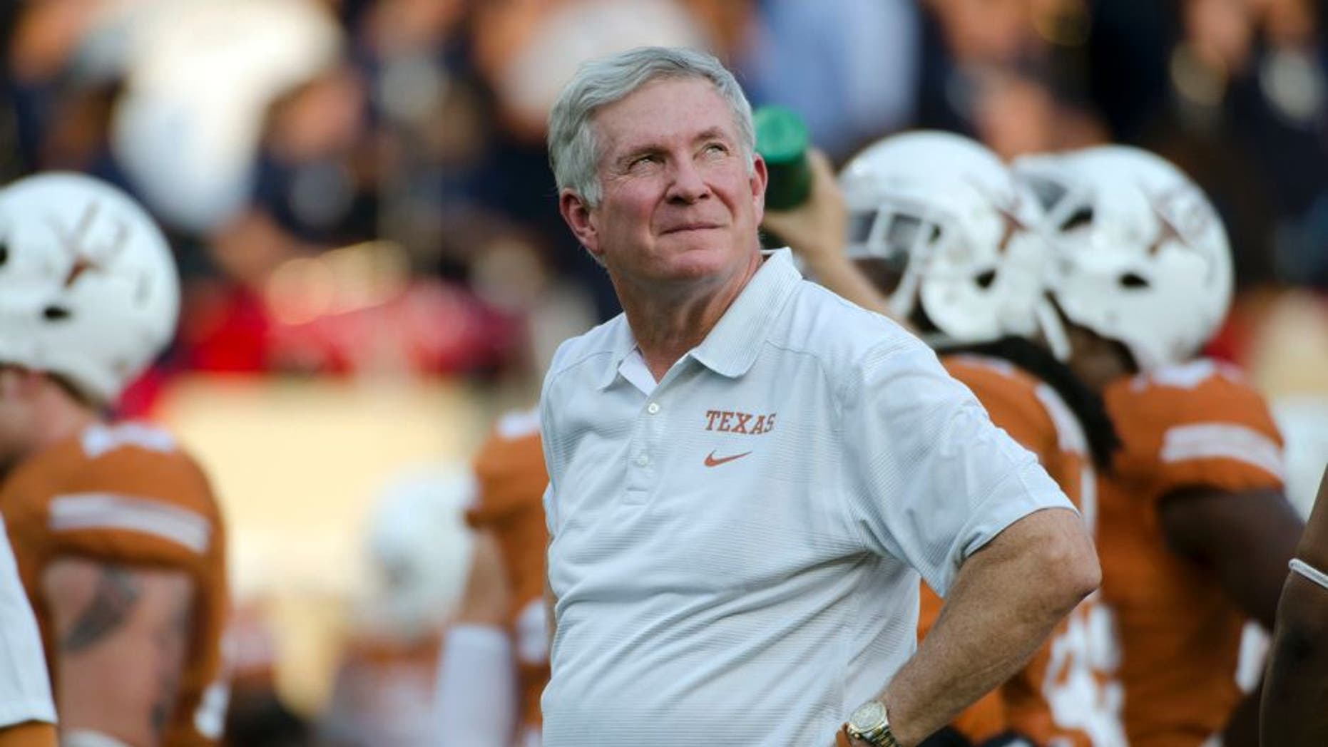 Sep 14, 2013; Austin, TX, USA; Texas Longhorns head coach Mack Brown before kick-off against the Mississippi Rebels at Darrell K Royal-Texas Memorial Stadium. Mandatory Credit: Brendan Maloney-USA TODAY Sports