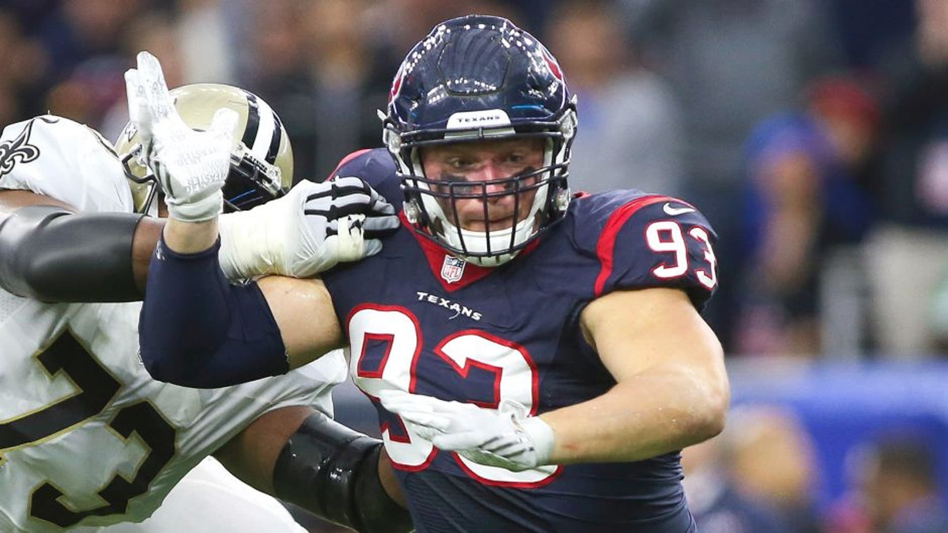 Nov 29, 2015; Houston, TX, USA; Houston Texans defensive end Jared Crick (93) rushes the quarterback during a game against the New Orleans Saints at NRG Stadium. Mandatory Credit: Troy Taormina-USA TODAY Sports