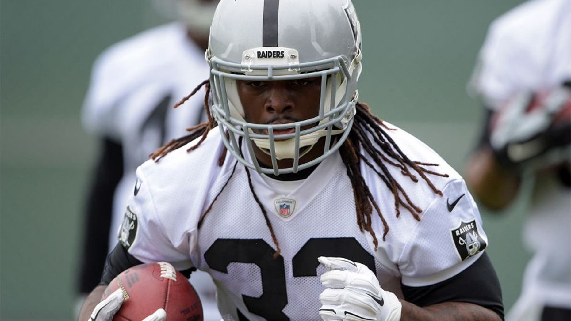 May 19, 2015; Alameda, CA, USA; Oakland Raiders running back Trent Richardson (33) at organized team activities at the Raiders practice facility. Mandatory Credit: Kirby Lee-USA TODAY Sports