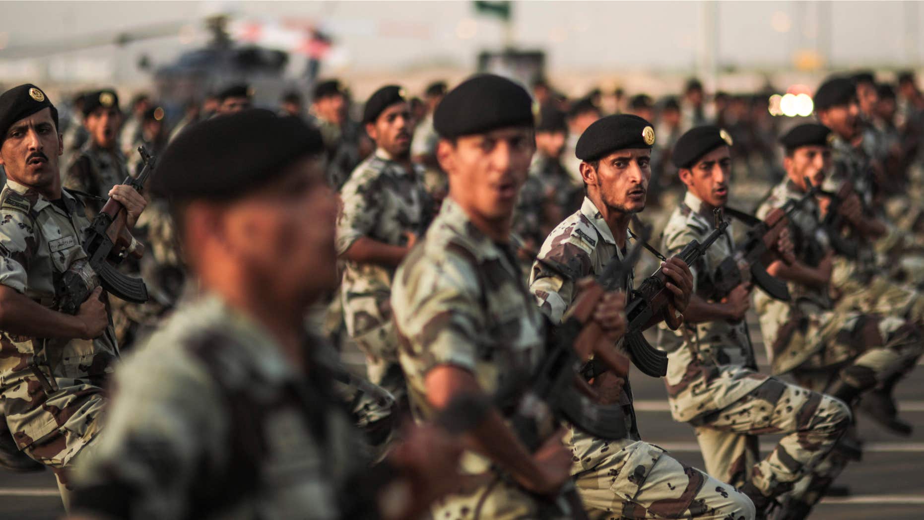 FILE - In this Thursday, Sept. 17, 2015 file photo, Saudi security forces take part in a military parade in preparation for the annual Hajj pilgrimage in Mecca, Saudi Arabia.