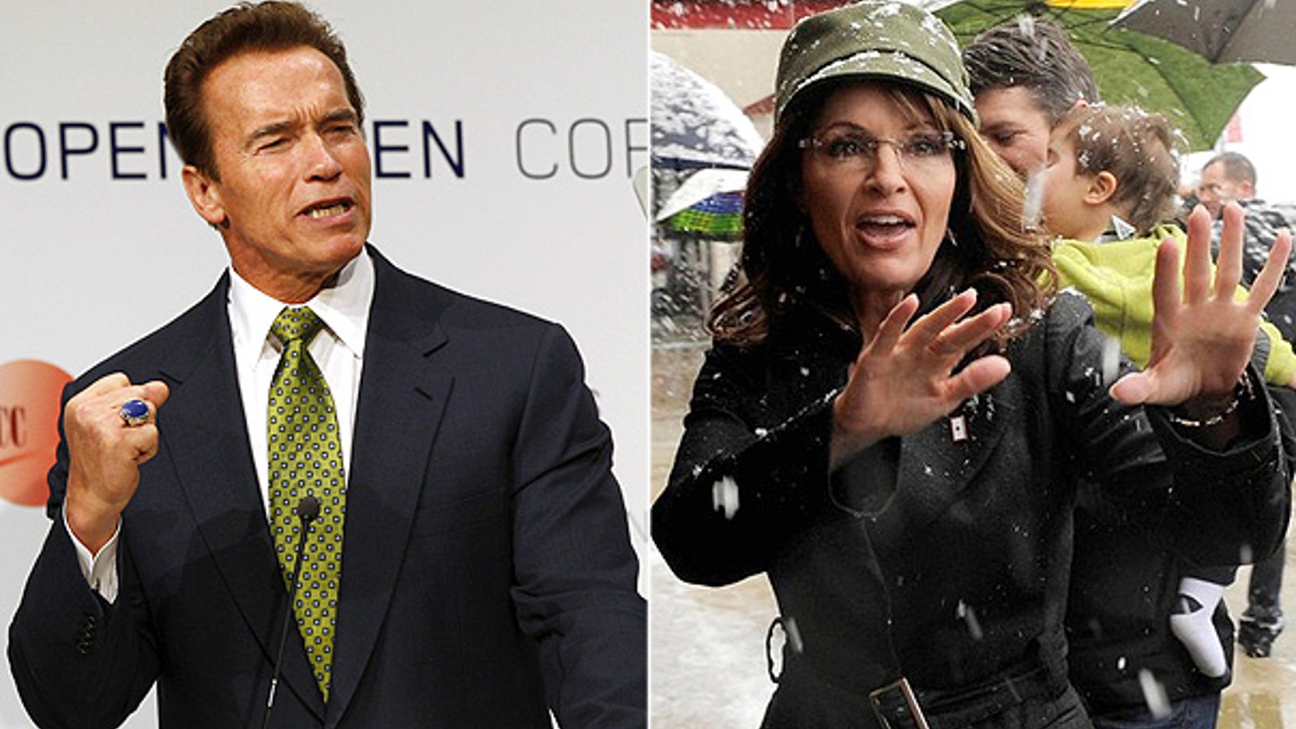 California Governor Arnold Schwarzenegger is seen at the U.N. Climate Summit in Copenhagen, while former Alaska Governor Sarah Palin is seen at a book signing in Fairfax, Virginia. (Reuters photos)
