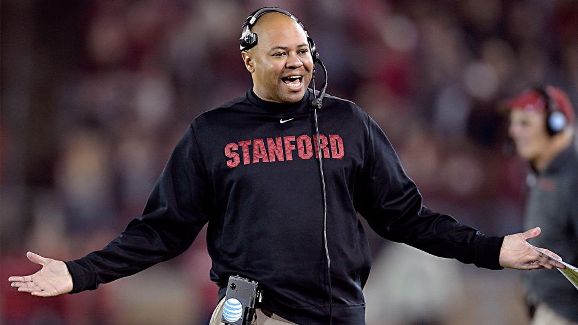 PALO ALTO, CA - NOVEMBER 30: Head Coach David Shaw of the Stanford Cardinal reacts to an official's personal foul call against his team for the Notre Dame Fighting Irish during the third quarter at Stanford Stadium on November 30, 2013 in Palo Alto, California. The call was reversed and no penalty was assessed to Stanford. (Photo by Thearon W. Henderson/Getty Images)