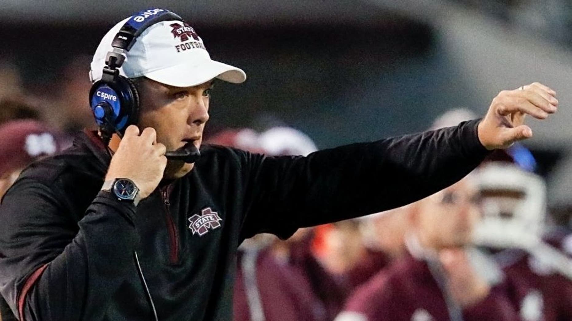 Nov 1, 2014; Starkville, MS, USA; Mississippi State Bulldogs assistant coach Geoff Collins at Davis Wade Stadium. The Bulldogs defeat the Razorbacks 17-10. Mandatory Credit: Marvin Gentry-USA TODAY Sports