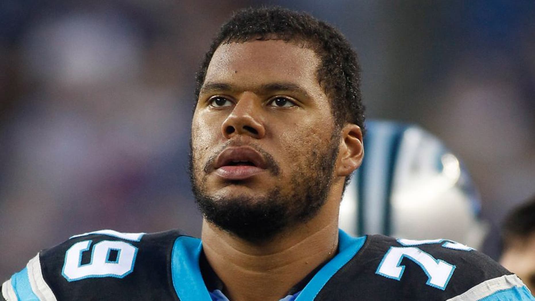 Aug 22, 2014; Foxborough, MA, USA; Carolina Panthers tackle Andrew McDonald (79) on the sideline during the first quarter against the New England Patriots at Gillette Stadium. Mandatory Credit: Stew Milne-USA TODAY Sports