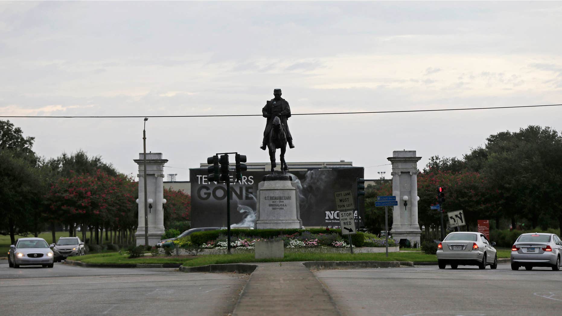 In this Sept. 2, 2015 photo, a statue of P.G.T. Beauregard is seen at the entrance to City Park at Esplanade Ave. in New Orleans.
