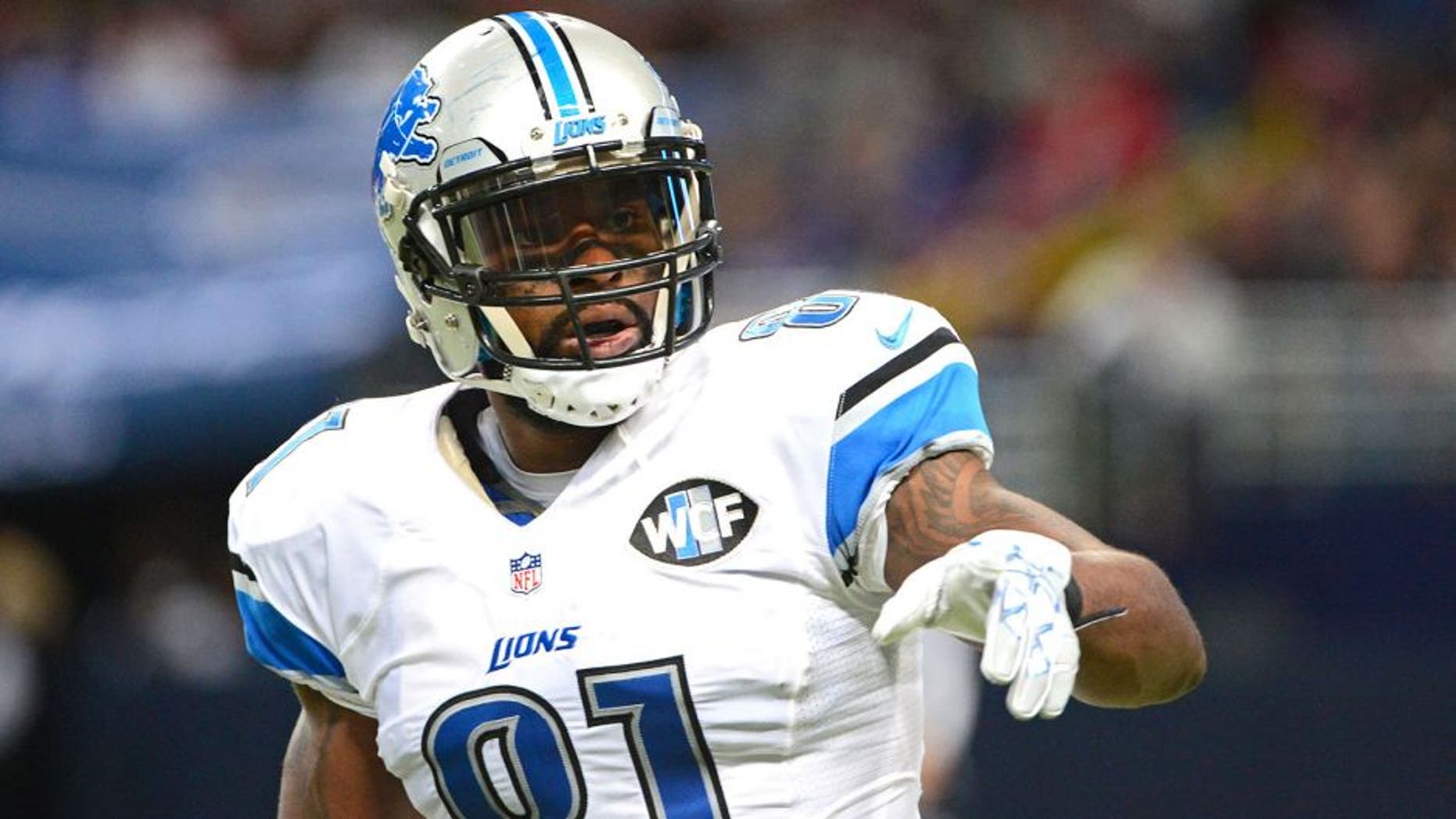 Dec 13, 2015; St. Louis, MO, USA; Detroit Lions wide receiver Calvin Johnson (81) points to the sideline during the second half against the St. Louis Rams at the Edward Jones Dome. The Rams defeated the Lions 21-14. Mandatory Credit: Jeff Curry-USA TODAY Sports