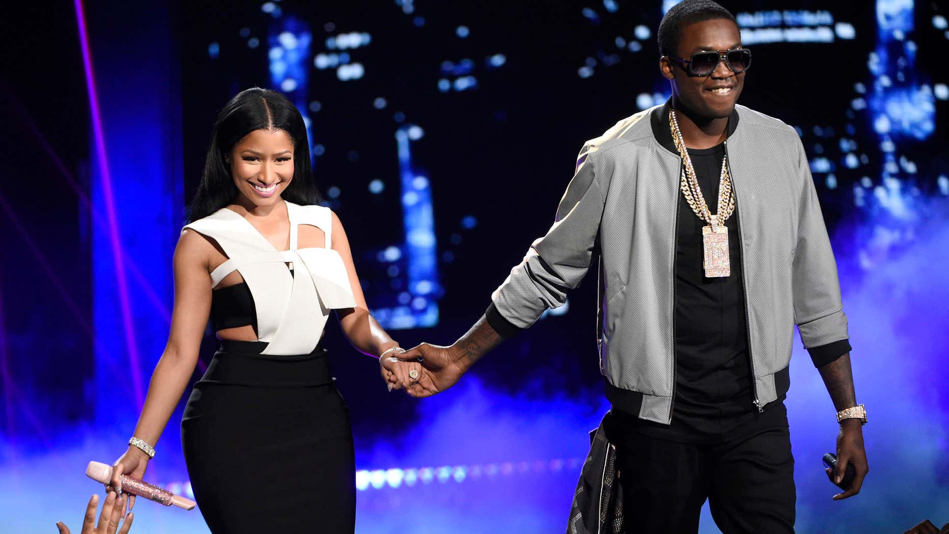 File- This June 28, 2015, file photo shows Nicki Minaj, left, and Meek Mill at the BET Awards at the Microsoft Theater in Los Angeles.