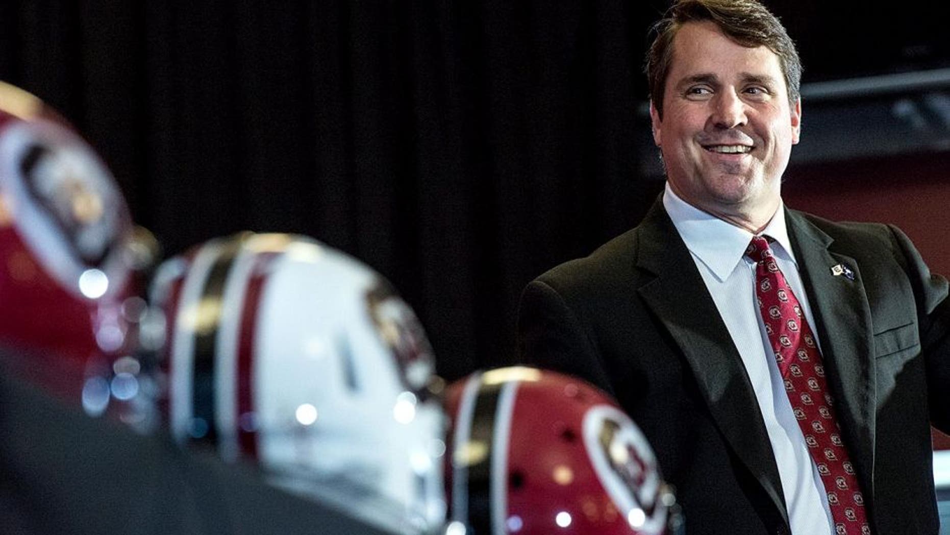 New South Carolina NCAA college head football coach Will Muschamp talks to the media at Williams Brice Stadium Monday, Dec. 7, 2015, in Columbia, S.C. (AP Photo/Sean Rayford)