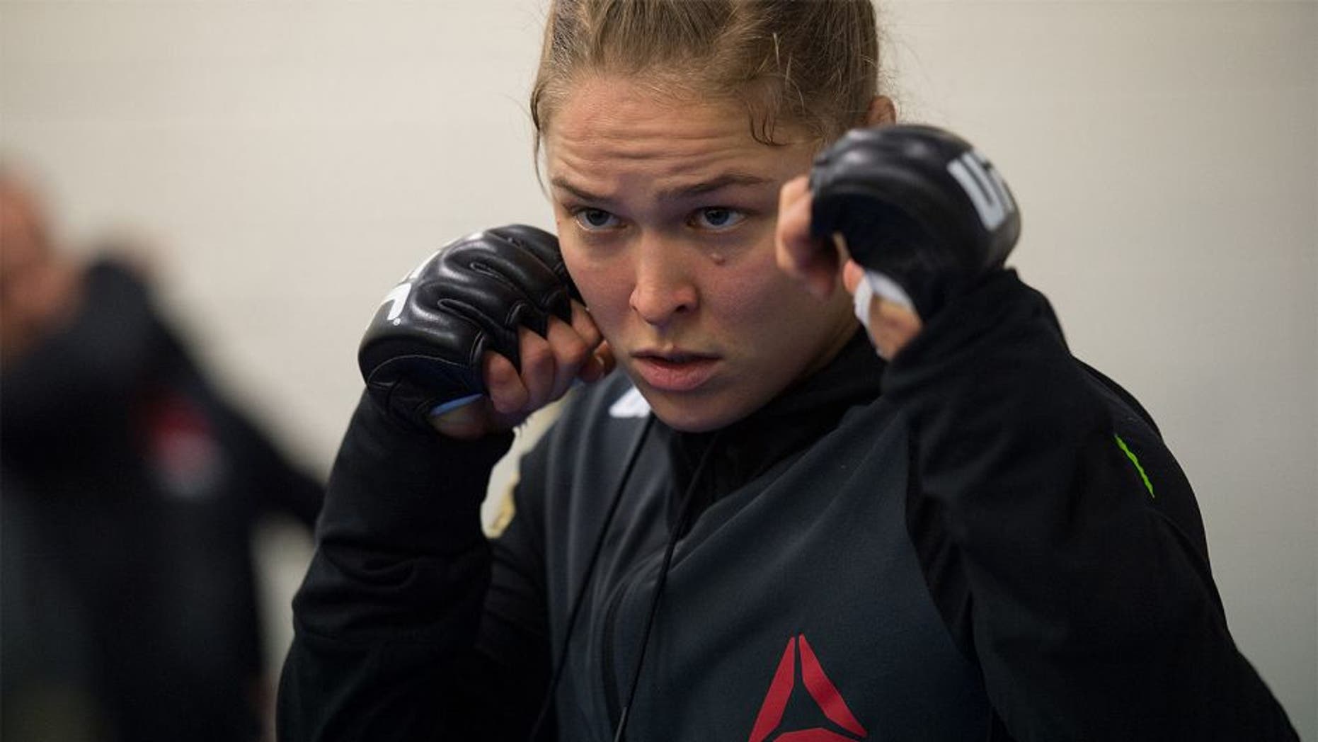 MELBOURNE, AUSTRALIA - NOVEMBER 15: UFC women's bantamweight champion Ronda Rousey of the United States warms up before facing Holly Holm of the United States during the UFC 193 event at Etihad Stadium on November 15, 2015 in Melbourne, Australia. (Photo by Brandon Magnus/Zuffa LLC/Zuffa LLC via Getty Images)