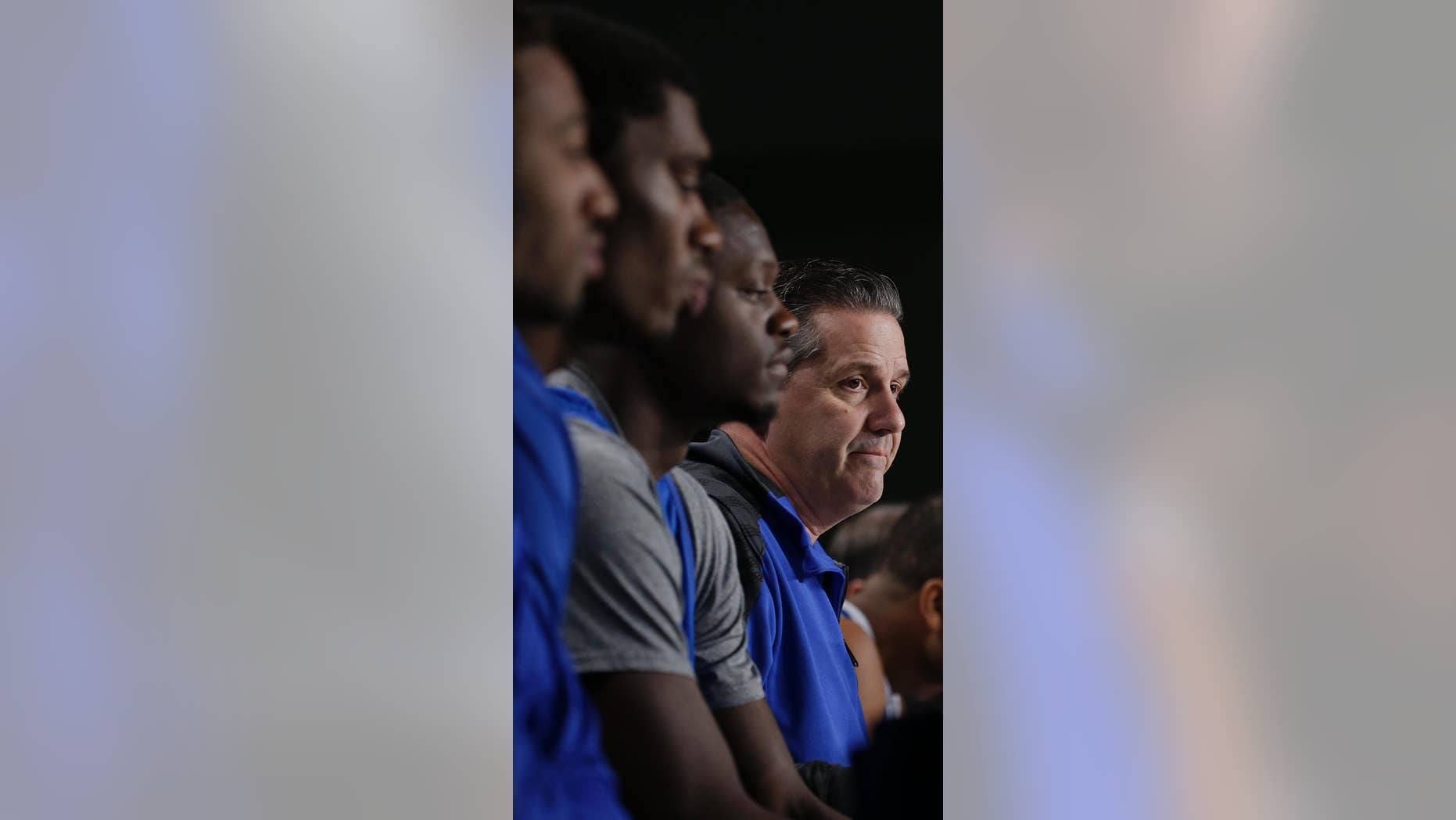 Kentucky head coach John Calipari speaks during an interview session for the NCAA Midwest Regional final college basketball tournament game Saturday, March 29, 2014, in Indianapolis. Kentucky plays Michigan in the final on Sunday, March 30, 2014. (AP Photo/David J. Phillip)