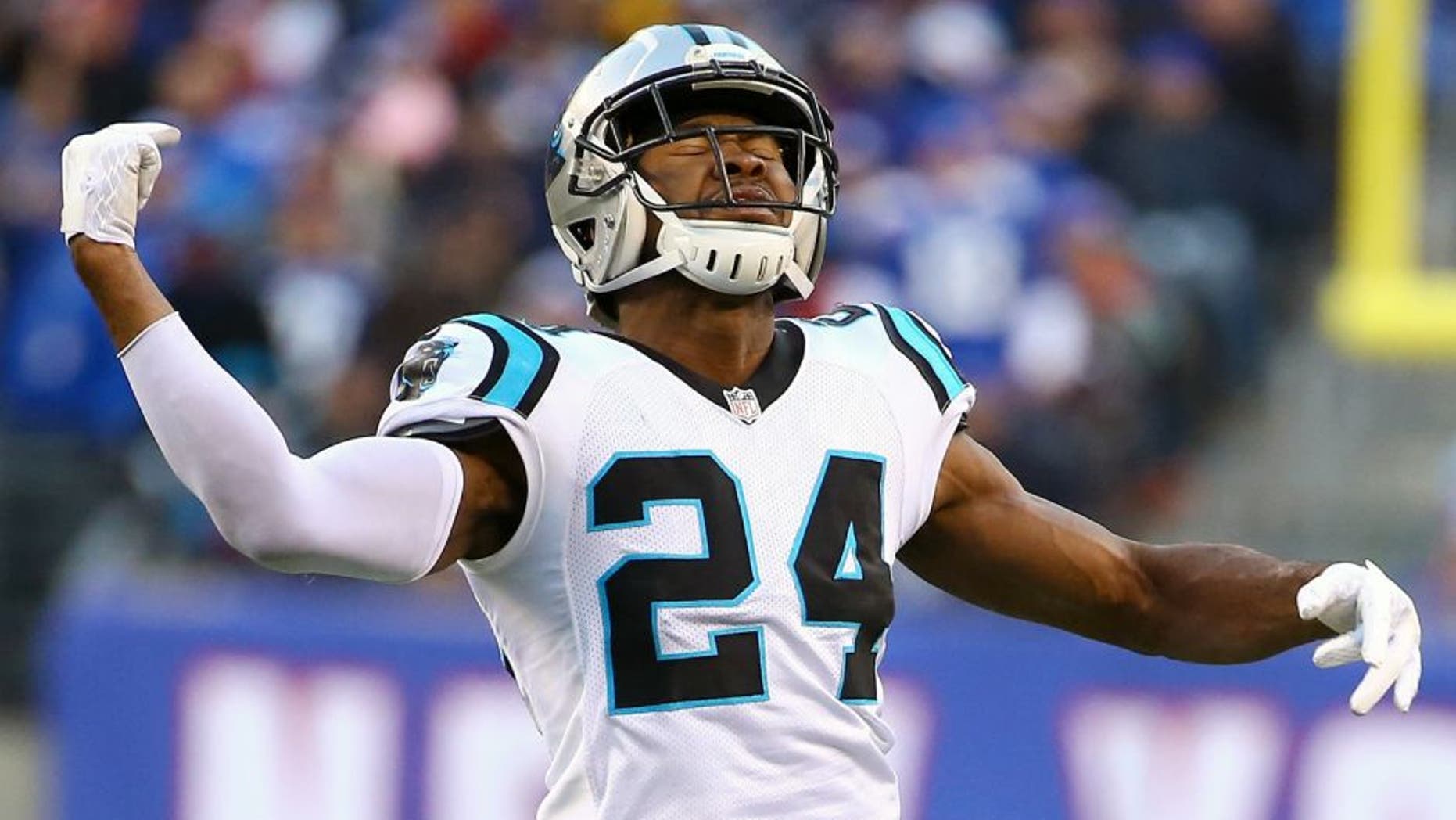 EAST RUTHERFORD, NJ - DECEMBER 20: Josh Norman #24 of the Carolina Panthers reacts during their game against the New York Giants at MetLife Stadium on December 20, 2015 in East Rutherford, New Jersey. (Photo by Al Bello/Getty Images)
