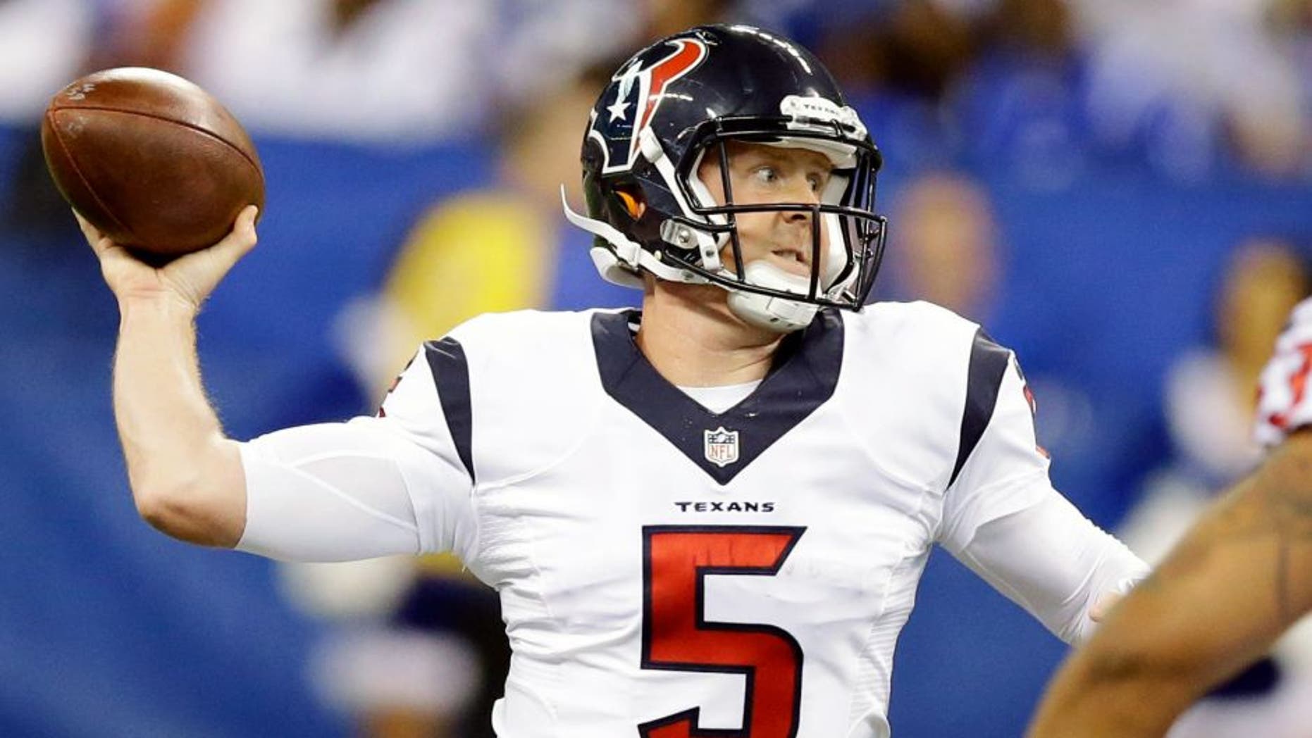 Houston Texans' Brandon Weeden throws during the second half of an NFL football game against the Indianapolis Colts, Sunday, Dec. 20, 2015, in Indianapolis. (AP Photo/Michael Conroy)