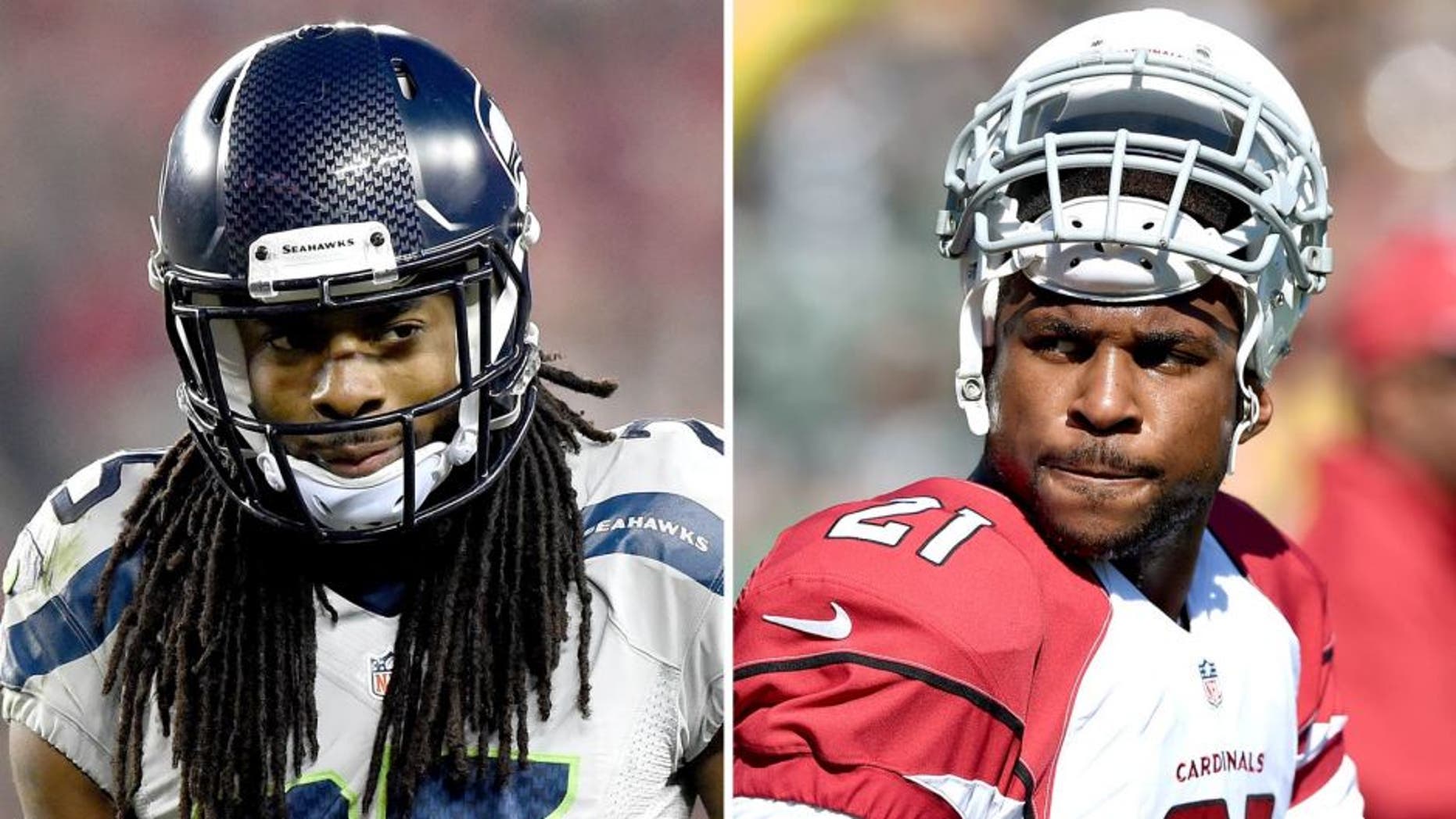 SANTA CLARA, CA - NOVEMBER 27: Richard Sherman #25 of the Seattle Seahawks looks on against the San Francisco 49ers at Levi's Stadium on November 27, 2014 in Santa Clara, California. (Photo by Thearon W. Henderson/Getty Images), OAKLAND, CA - OCTOBER 19: Patrick Peterson #21 of the Arizona Cardinals looks on during pre-game warm ups prior to playing the Oakland Raiders at O.co Coliseum on October 19, 2014 in Oakland, California. (Photo by Thearon W. Henderson/Getty Images)