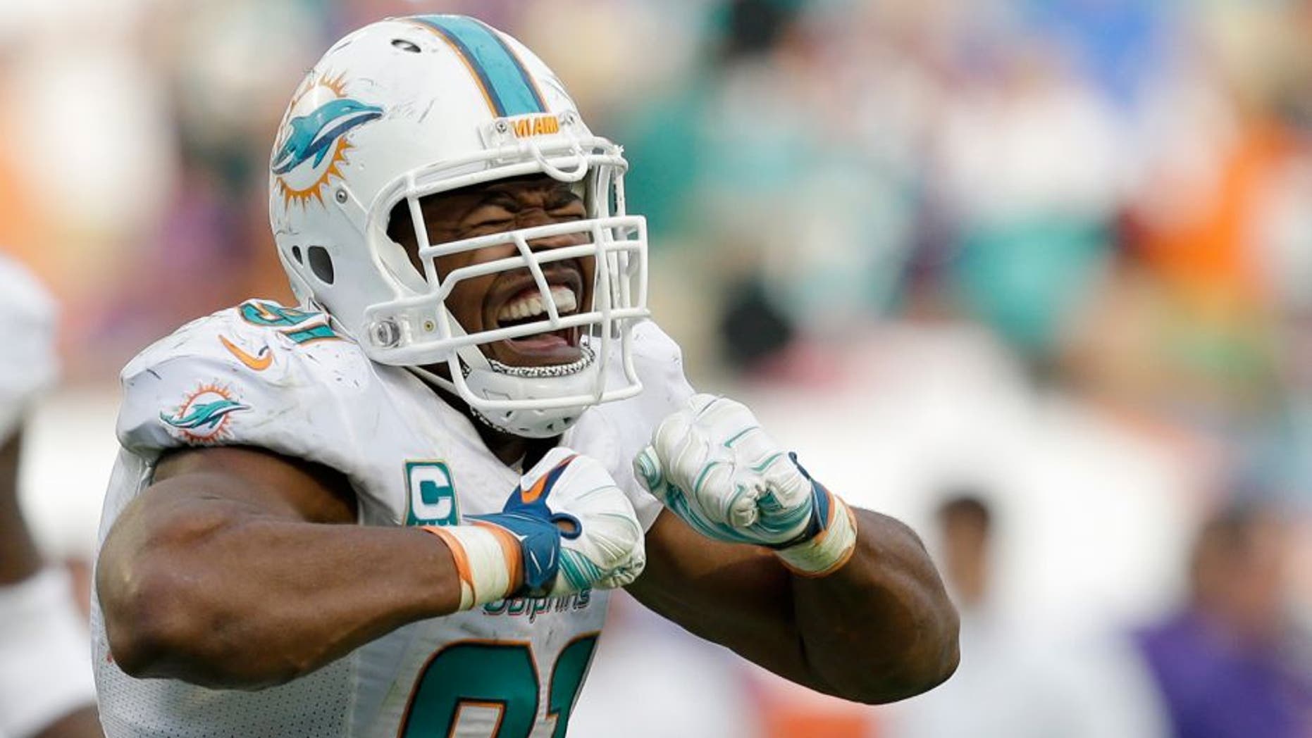 Miami Dolphins defensive end Cameron Wake celebrates after sacking Minnesota Vikings quarterback Teddy Bridgewater during the second half of an NFL football game, Sunday, Dec. 21, 2014 in Miami Gardens, Fla. The Dolphins won 37-35. (AP Photo/Wilfredo Lee)