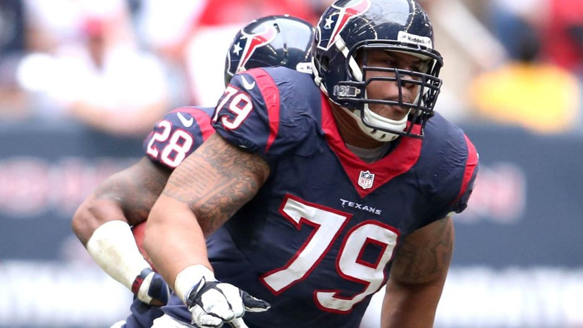 Dec 1, 2013; Houston, TX, USA; Houston Texans guard Brandon Brooks (79) in action against the New England Patriots at Reliant Stadium. Mandatory Credit: Matthew Emmons-USA TODAY Sports