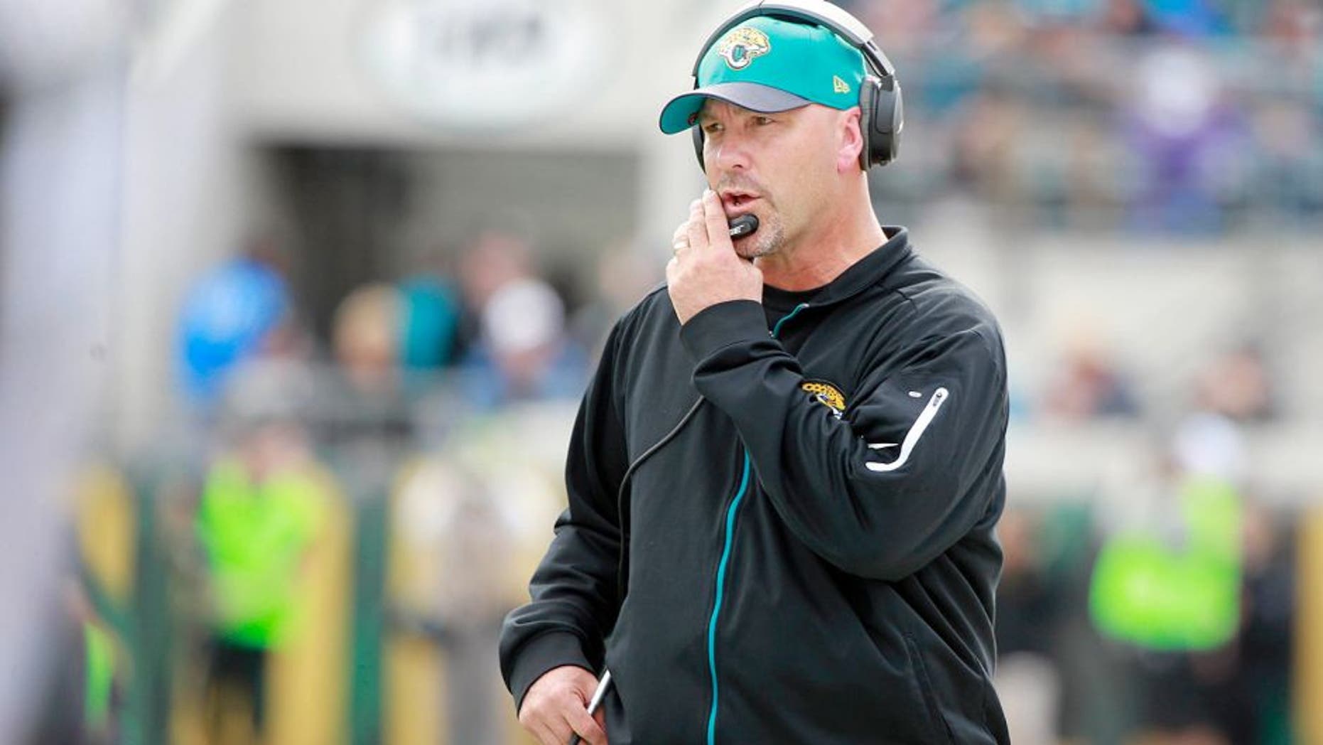 Dec 20, 2015; Jacksonville, FL, USA; Jacksonville Jaguars head coach Gus Bradley during the first half against the Atlanta Falcons at EverBank Field. Mandatory Credit: Kim Klement-USA TODAY Sports