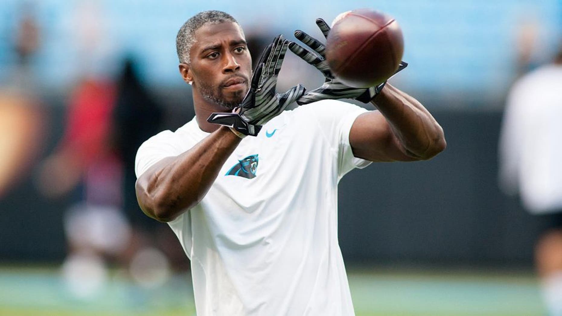 Aug 28, 2015; Charlotte, NC, USA; Carolina Panthers strong safety Roman Harper (41) catches a pass prior to the game against the New England Patriots at Bank of America Stadium. Mandatory Credit: Jeremy Brevard-USA TODAY Sports