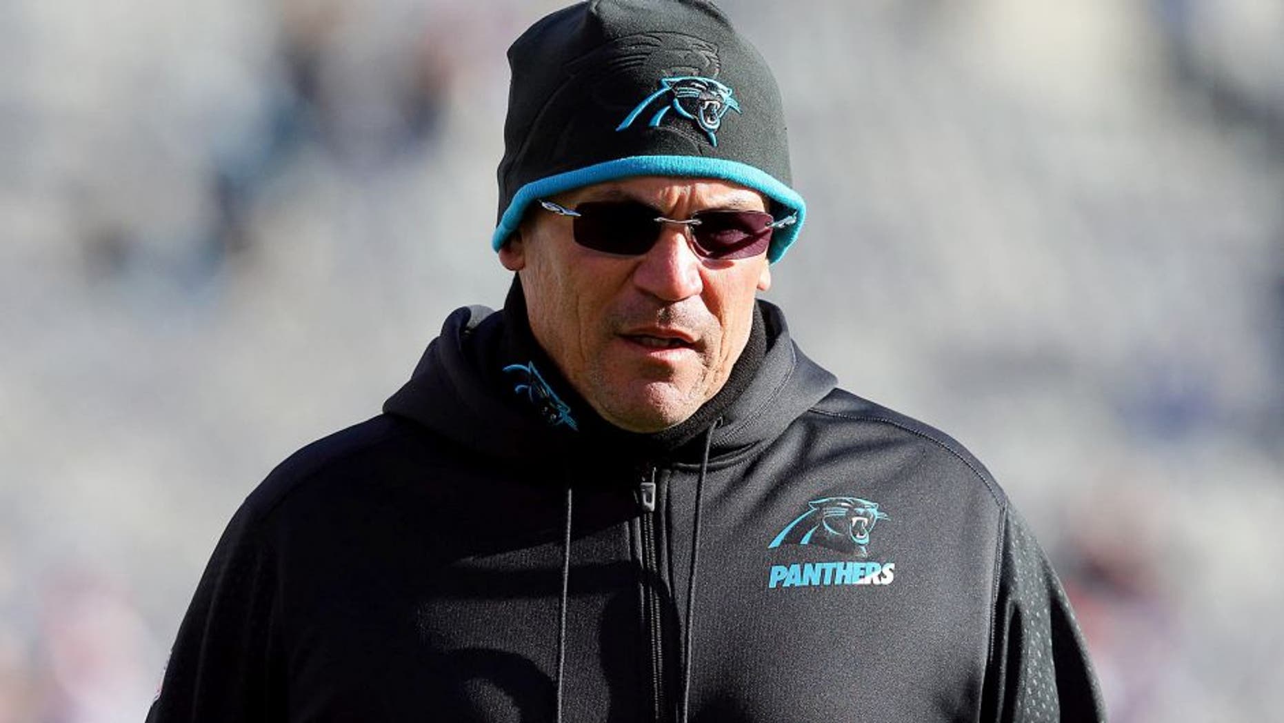Dec 20, 2015; East Rutherford, NJ, USA; Carolina Panthers head coach Ron Rivera during warm ups before a game against the New York Giants at MetLife Stadium. Mandatory Credit: Brad Penner-USA TODAY Sports