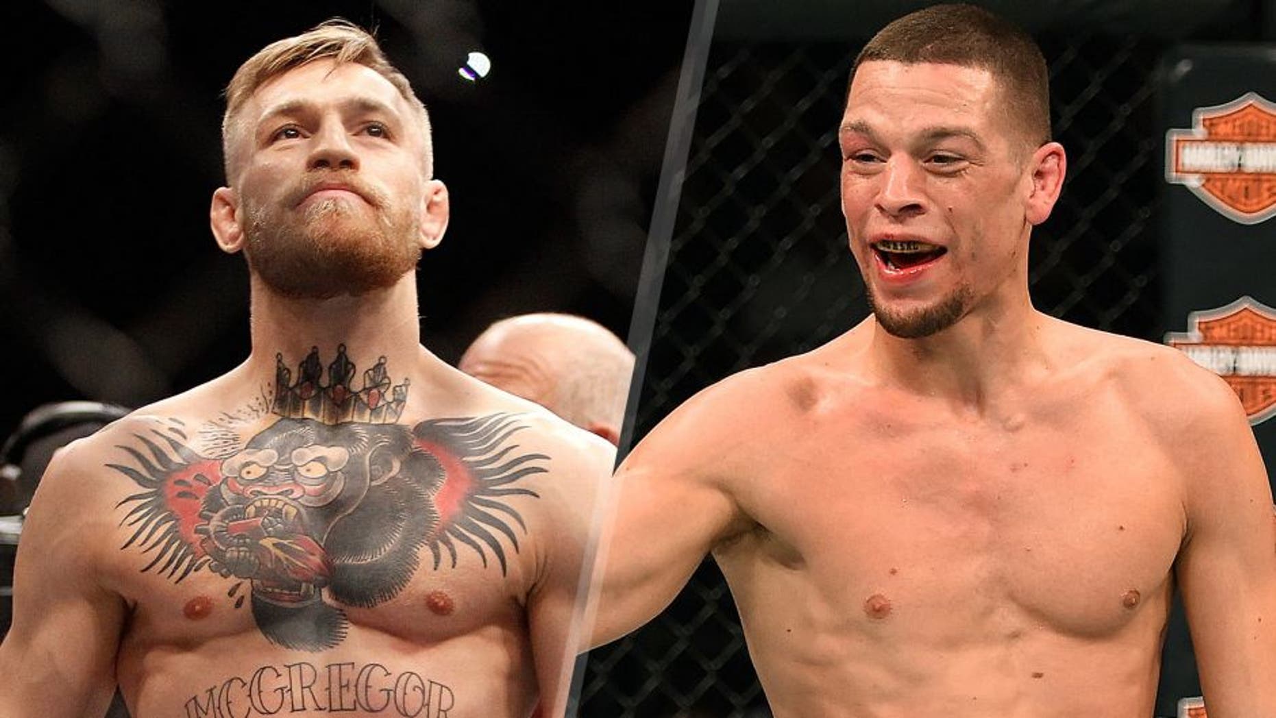 Conor McGregor enters the Octagon for his featherweight title fight against Jose Aldo during UFC 194 at MGM Grand Garden Arena on December 12, 2015 in Las Vegas, Nevada. (Photo by Steve Marcus/Getty Images) Nate Diaz taunts Michael Johnson in their lightweight bout during the UFC Fight Night event at the Amway Center on December 19, 2015 in Orlando, Florida. (Photo by Josh Hedges/Zuffa LLC/Zuffa LLC via Getty Images)