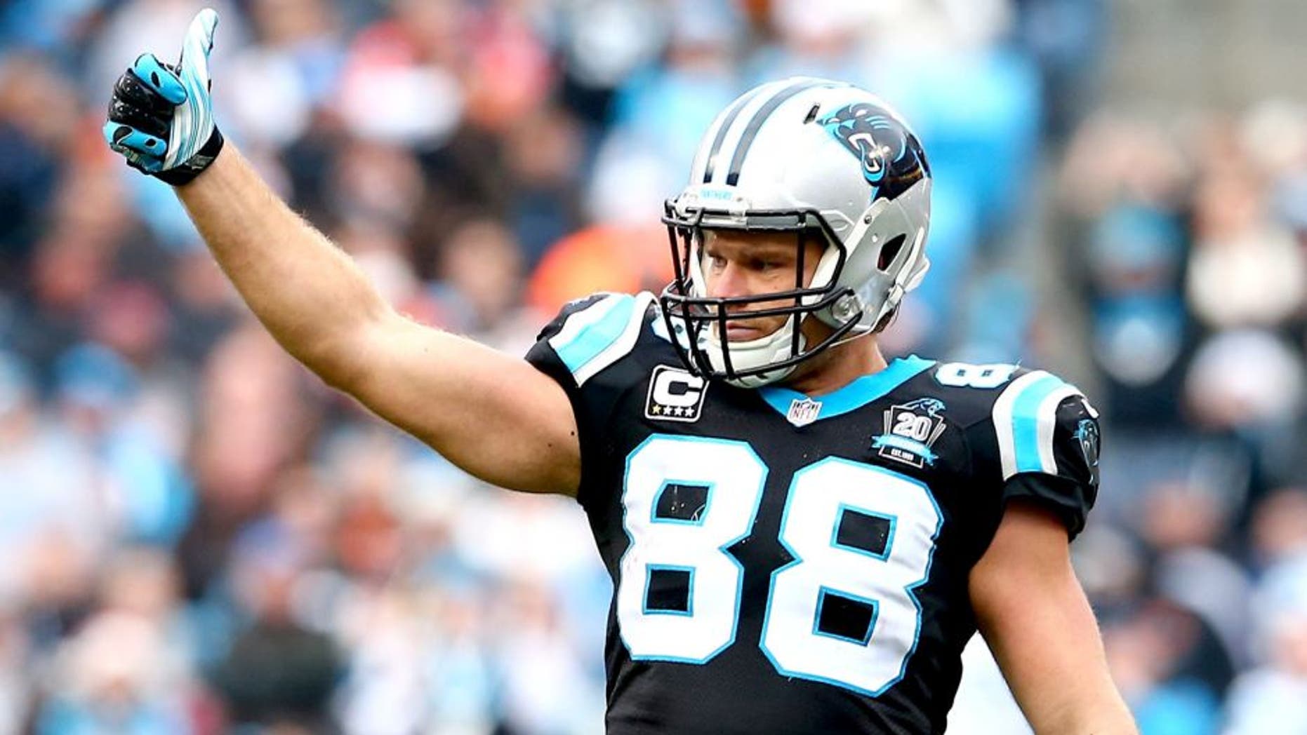 CHARLOTTE, NC - DECEMBER 21: Greg Olsen #88 of the Carolina Panthers reacts after a play during their game against the Cleveland Browns at Bank of America Stadium on December 21, 2014 in Charlotte, North Carolina. (Photo by Streeter Lecka/Getty Images)
