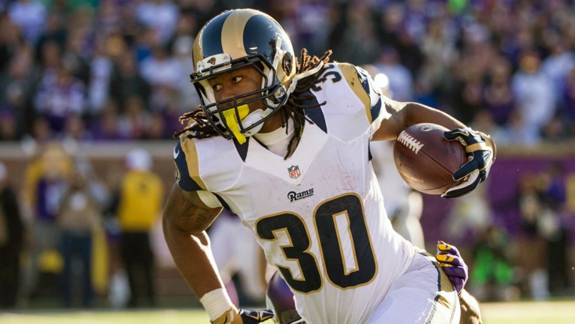 Nov 8, 2015; Minneapolis, MN, USA; St. Louis Rams running back Todd Gurley (30) against the Minnesota Vikings at TCF Bank Stadium. The Vikings defeated the Rams 21-18. Mandatory Credit: Brace Hemmelgarn-USA TODAY Sports