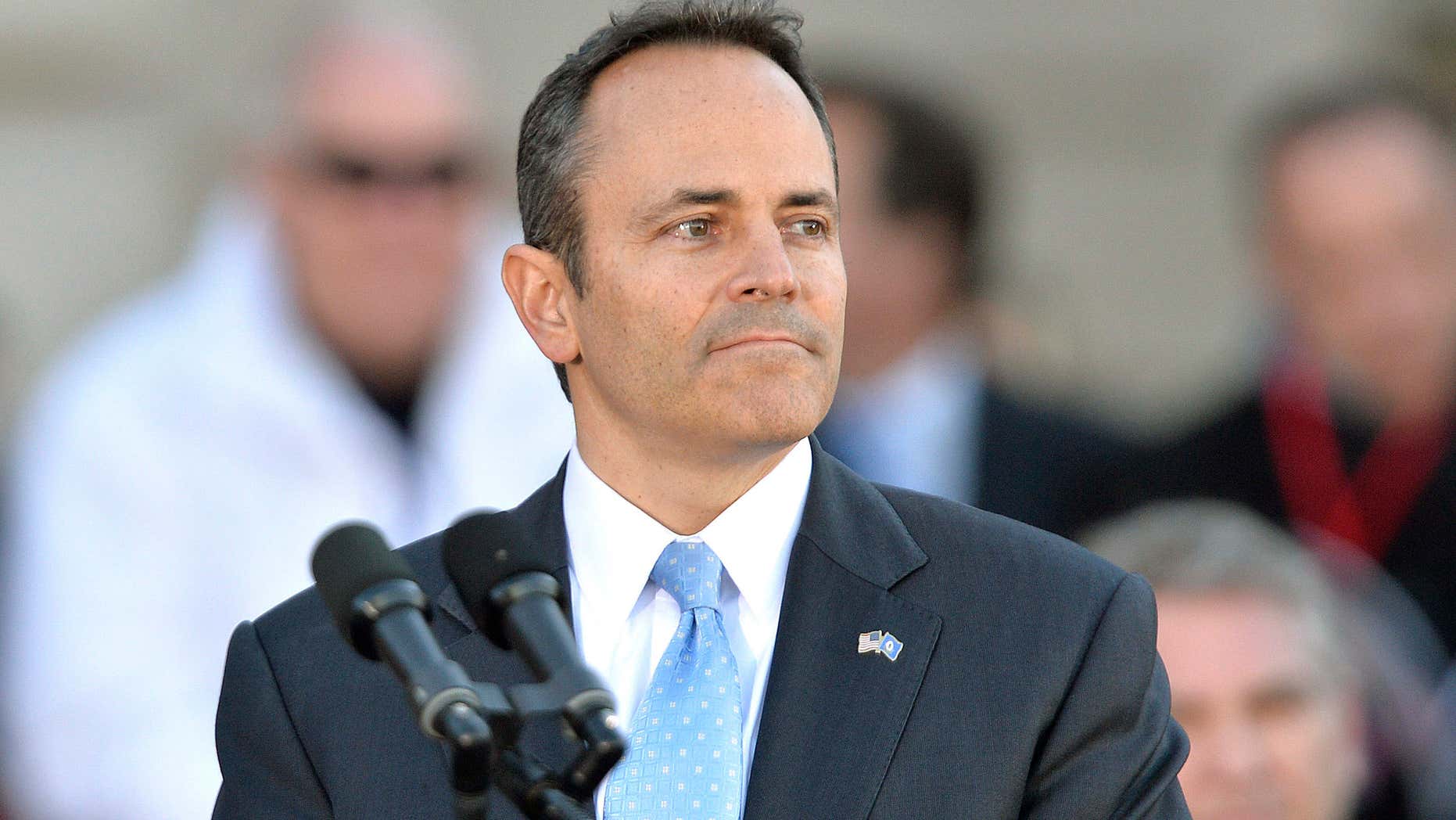 Dec. 8, 2015: entucky Governor Matt Bevin looks out over the audience before giving his speech after taking the oath of office to become the 62nd Governor of the Commonwealth of Kentucky during a public ceremony in Frankfort, Ky.