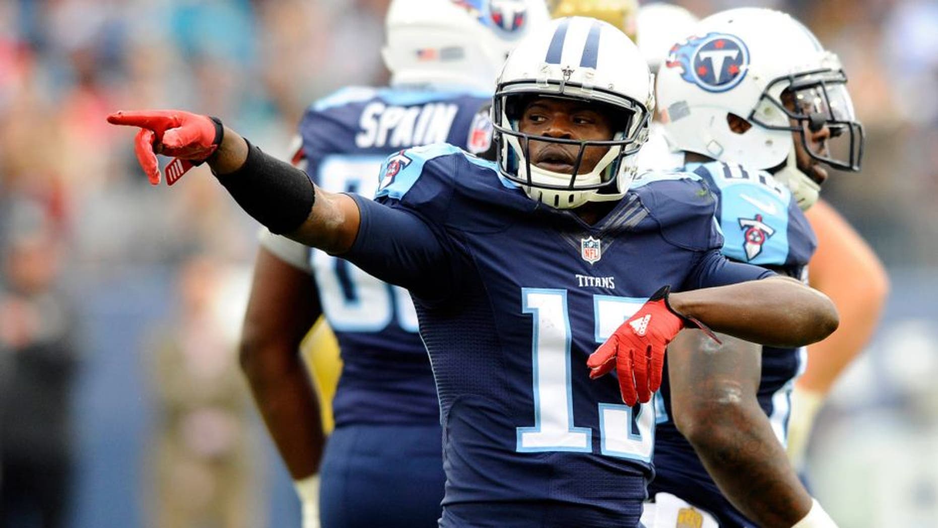 Dec 6, 2015; Nashville, TN, USA; Tennessee Titans receiver Kendall Wright (13) celebrates after a first down during the first half against the Jacksonville Jaguars at Nissan Stadium. Mandatory Credit: Christopher Hanewinckel-USA TODAY Sports