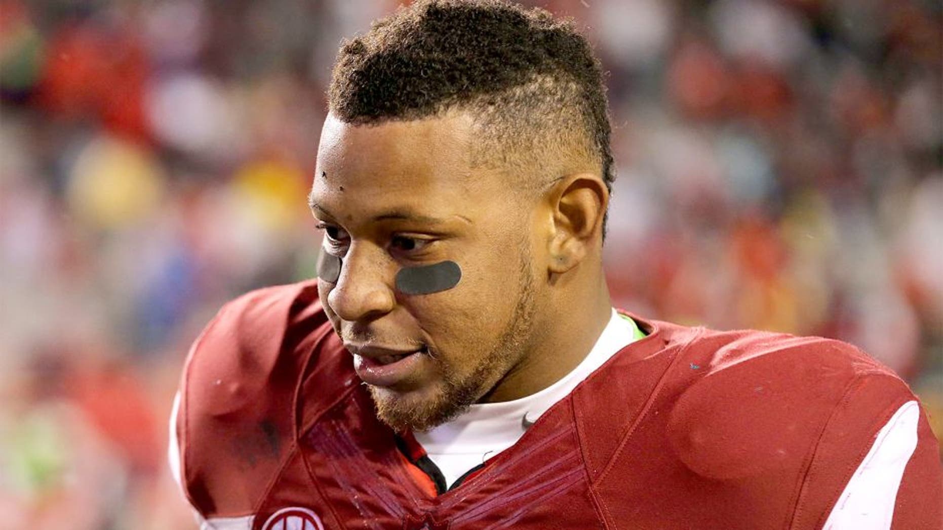 Nov 22, 2014; Fayetteville, AR, USA; Arkansas Razorbacks running back Jonathan Williams after the game against the Ole Miss Rebels at Donald W. Reynolds Razorback Stadium. Arkansas defeated Mississippi 30-0. Mandatory Credit: Nelson Chenault-USA TODAY Sports