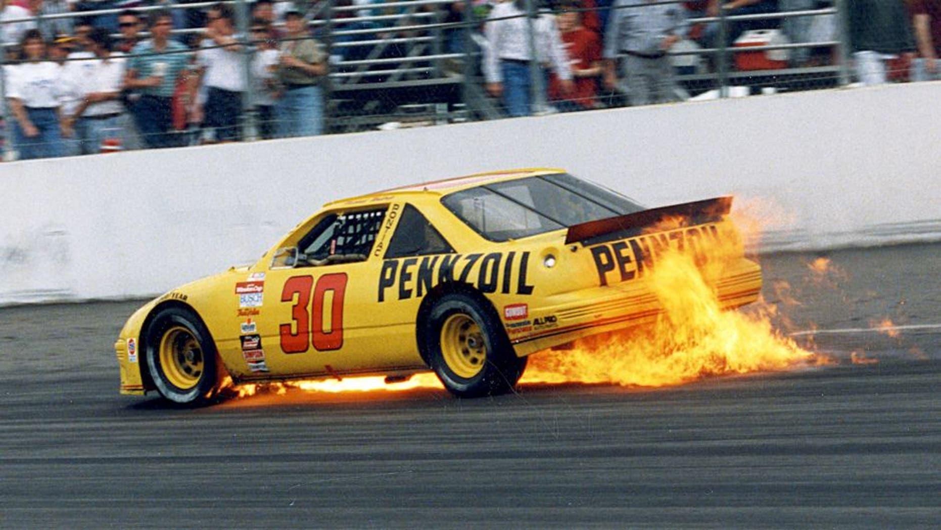 RICHMOND, VA ? March 8, 1992: Michael Waltrip?s Pontiac provides a bit of ?excitement? of its own as he exits in spectacular fashion during the Pontiac Excitement 400 NASCAR Cup race at Richmond International Raceway. The engine blew in Waltrip?s Pennzoil Pontiac on lap 259. (Photo by ISC Images & Archives via Getty Images)