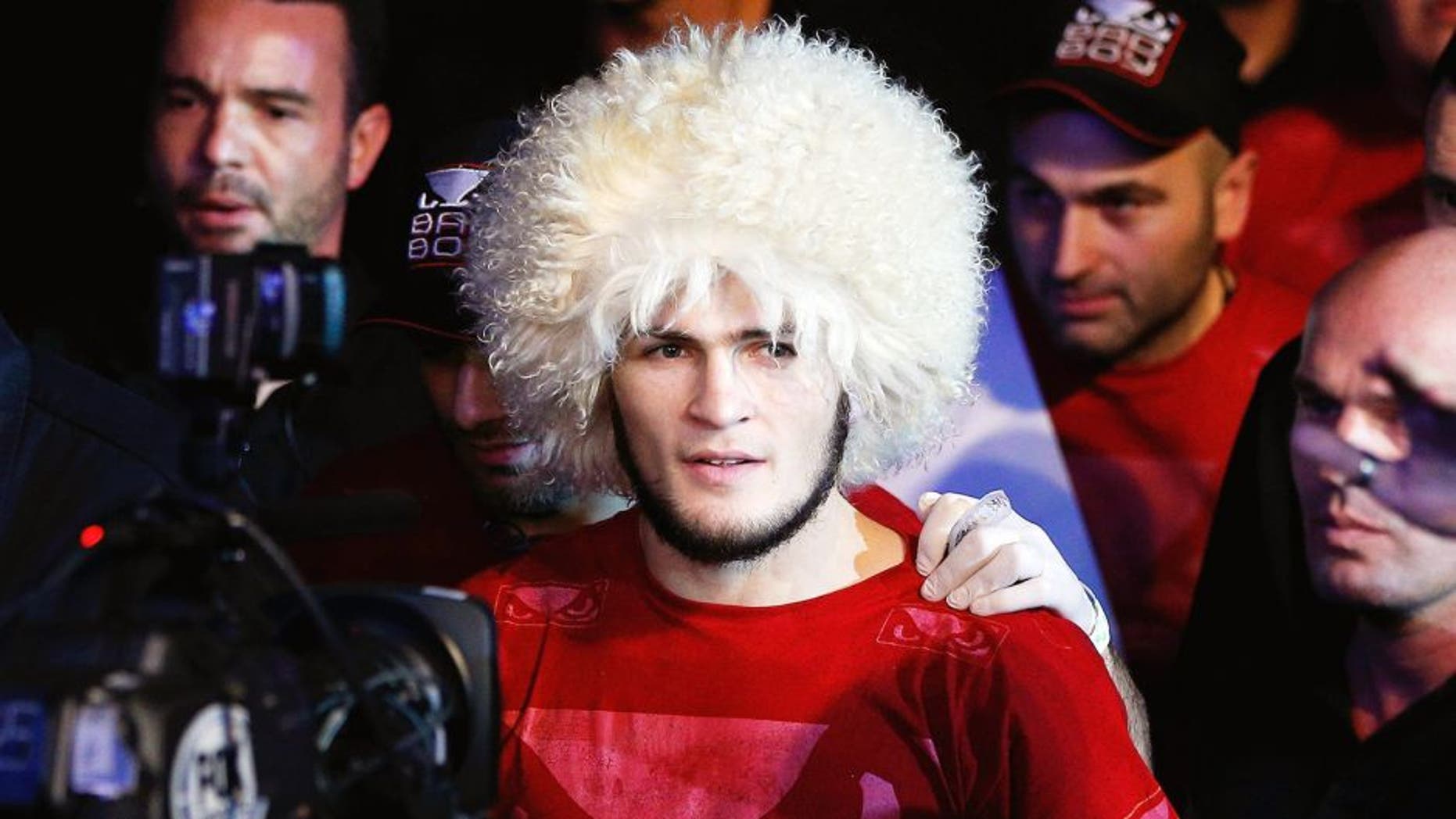 SAO PAULO, BRAZIL - JANUARY 19: Khabib Nurmagomedov enters the arena before his lightweight fight against Thiago Tavares at the UFC on FX event on January 19, 2013 at Ibirapuera Gymnasium in Sao Paulo, Brazil. (Photo by Josh Hedges/Zuffa LLC/Zuffa LLC via Getty Images)