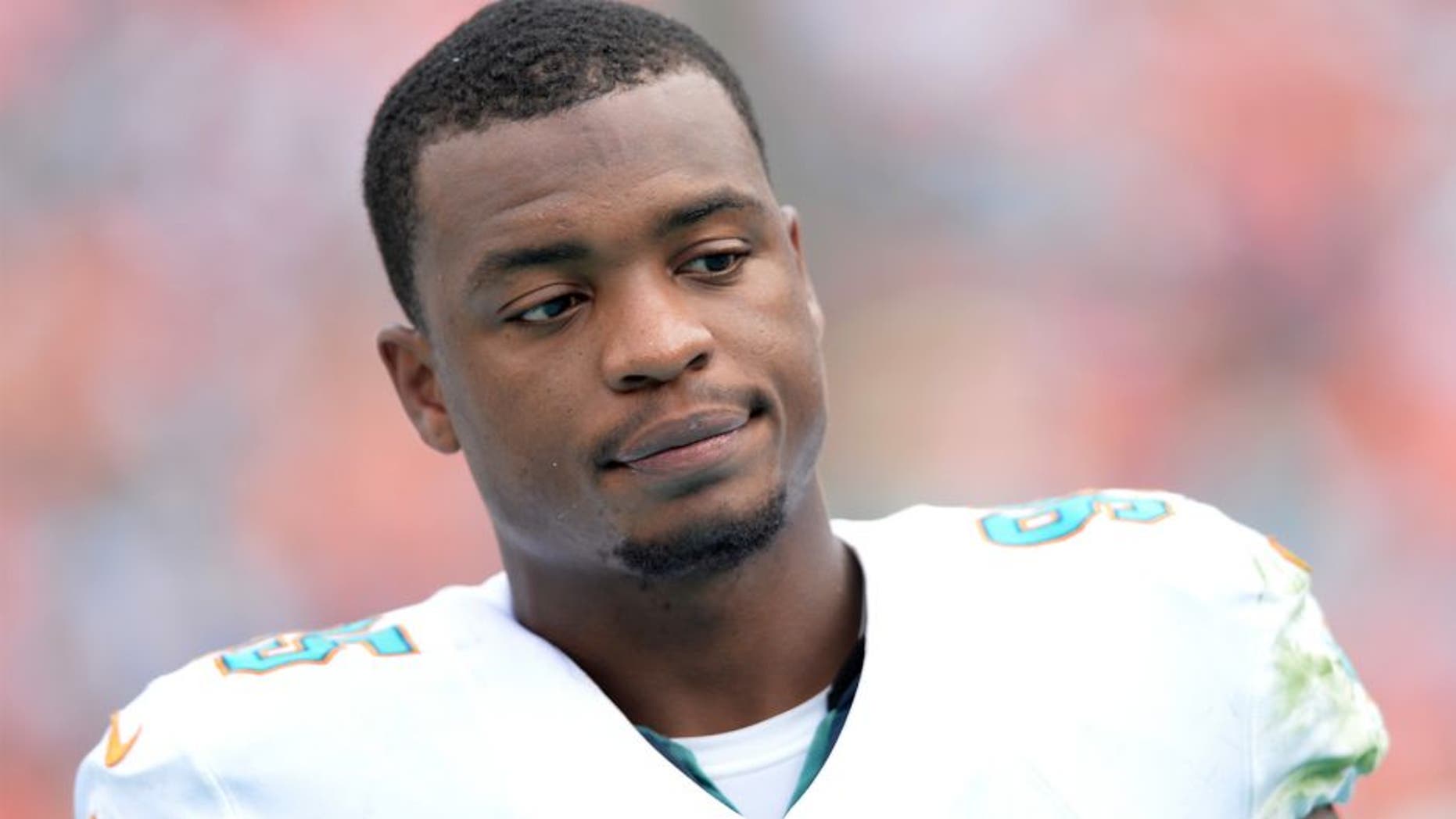 Dec 21, 2014; Miami Gardens, FL, USA; Miami Dolphins defensive end Dion Jordan (95) reacts on the sideline during the first half against the Minnesota Vikings at Sun Life Stadium. Mandatory Credit: Steve Mitchell-USA TODAY Sports
