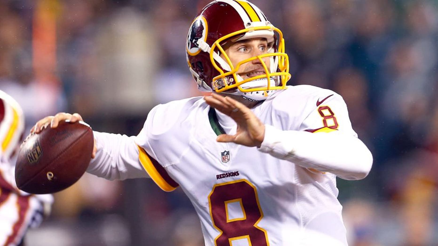 PHILADELPHIA, PA - DECEMBER 26: Quarterback Kirk Cousins #8 of the Washington Redskins looks to pass against the Philadelphia Eagles in the second quarter of a football game at Lincoln Financial Field on December 26, 2015 in Philadelphia, Pennsylvania. (Photo by Rich Schultz /Getty Images)