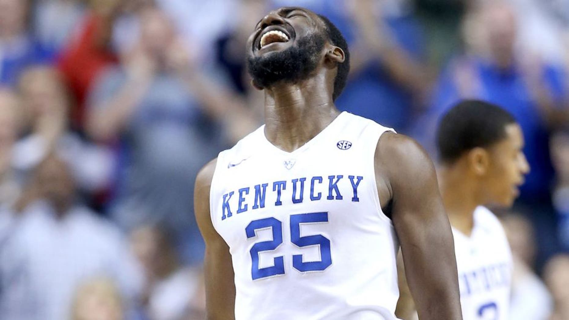 LEXINGTON, KY - DECEMBER 26: Dominique Hawkins #25 of the Kentucky Wildcats celebrates against the Louisville Cardinals at Rupp Arena on December 26, 2015 in Lexington, Kentucky. (Photo by Andy Lyons/Getty Images)