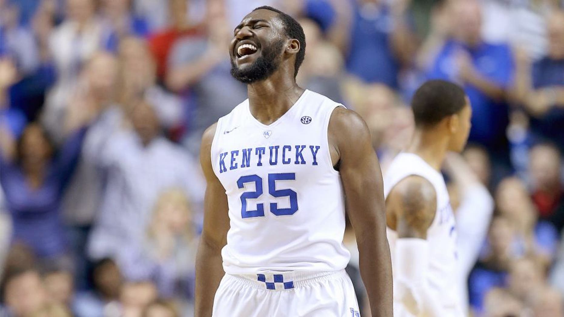 LEXINGTON, KY - DECEMBER 26: Dominique Hawkins #25 of the Kentucky Wildcats celebrates against the Louisville Cardinals at Rupp Arena on December 26, 2015 in Lexington, Kentucky. (Photo by Andy Lyons/Getty Images)