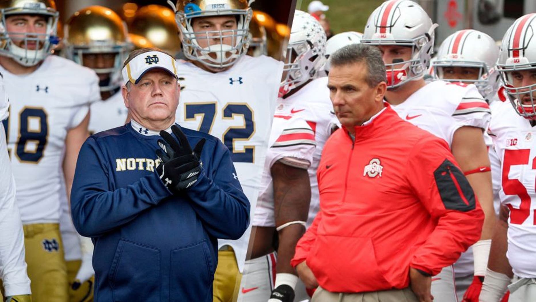 Nov 28, 2015; Stanford, CA, USA; Notre Dame Fighting Irish head coach Brian Kelly leads his team onto the field against the Stanford Cardinal at Stanford Stadium. Stanford won 38-36.Mandatory Credit: Matt Cashore-USA TODAY Sports Oct 3, 2015; Bloomington, IN, USA; Ohio State Buckeyes coach Urban Meyer waits to lead his team onto the field before a game against the Indiana Hoosiers at Memorial Stadium. Ohio State defeats Indiana 34-27. Mandatory Credit: Brian Spurlock-USA TODAY Sports