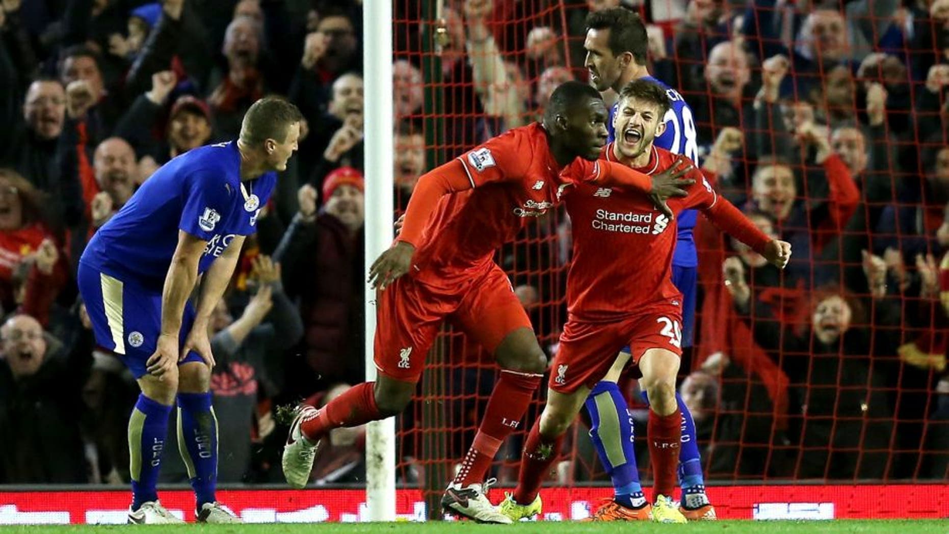 LIVERPOOL, ENGLAND - DECEMBER 26: Christian Benteke of Liverpool celebrates scoring his side's first goal during the Barclays Premier League match between Liverpool and Leicester City at Anfield on December 26, 2015 in Liverpool, England. (Photo by Chris Brunskill/Getty Images)
