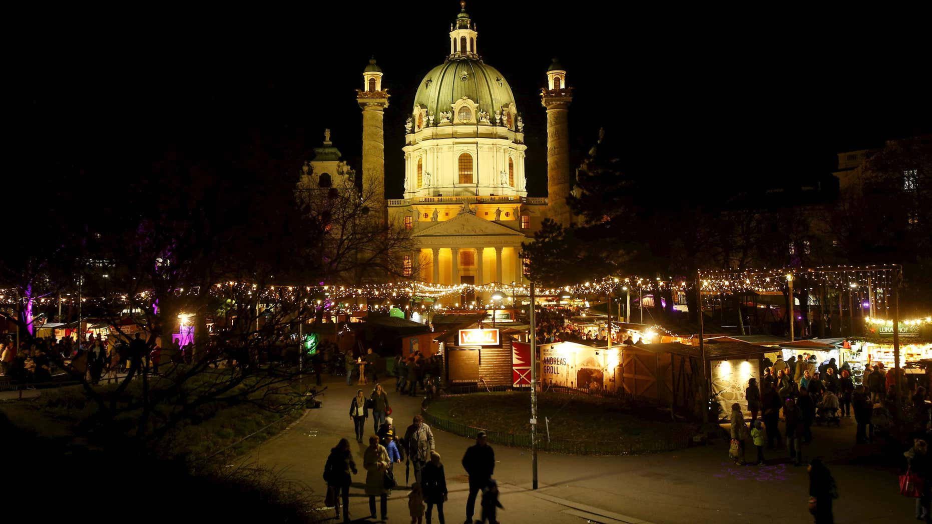 Dec. 22, 2015: A view of "Christkindlmarkt" Advent market in front of Karlskirche church in Vienna, Austria