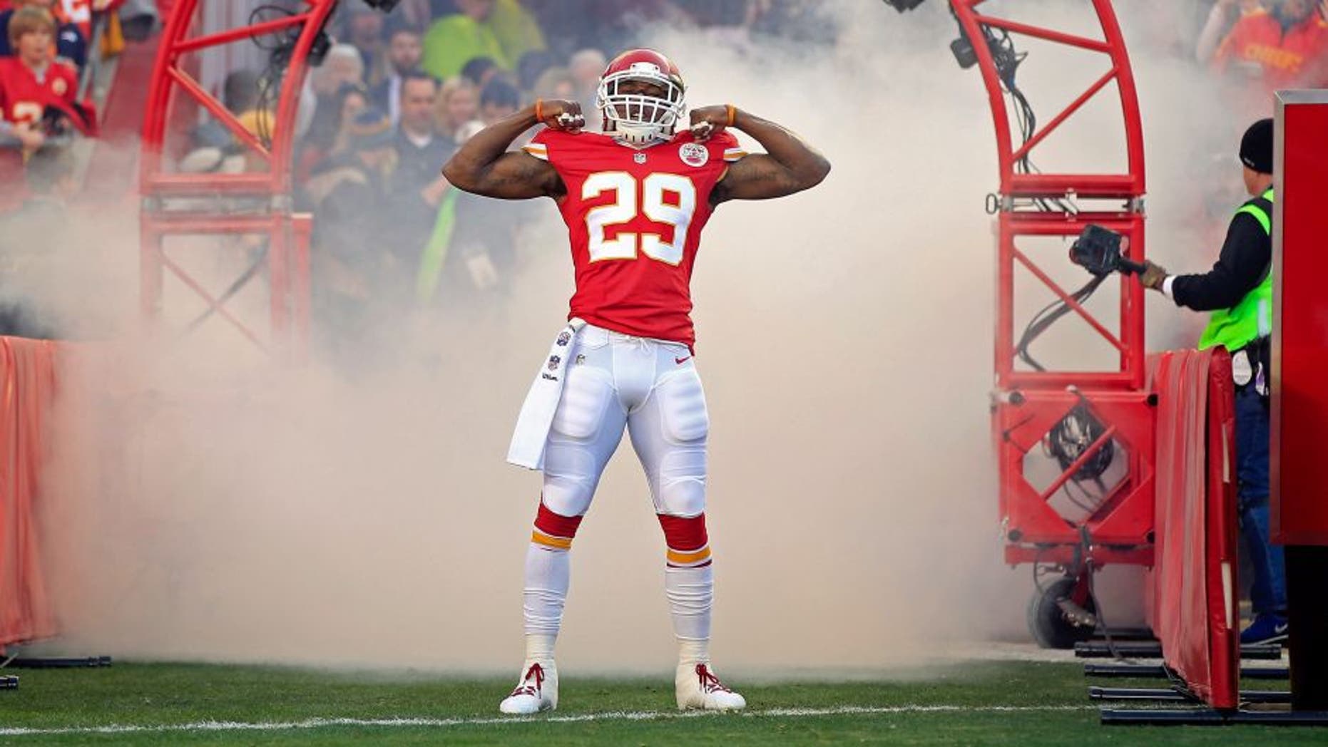KANSAS CITY, MO - DECEMBER 01: Strong safety Eric Berry #29 of the Kansas City Chiefs runs through a fog machine while he is introduced prior to the game against the Denver Broncos at Arrowhead Stadium on December 1, 2013 in Kansas City, Missouri. (Photo by Jamie Squire/Getty Images)