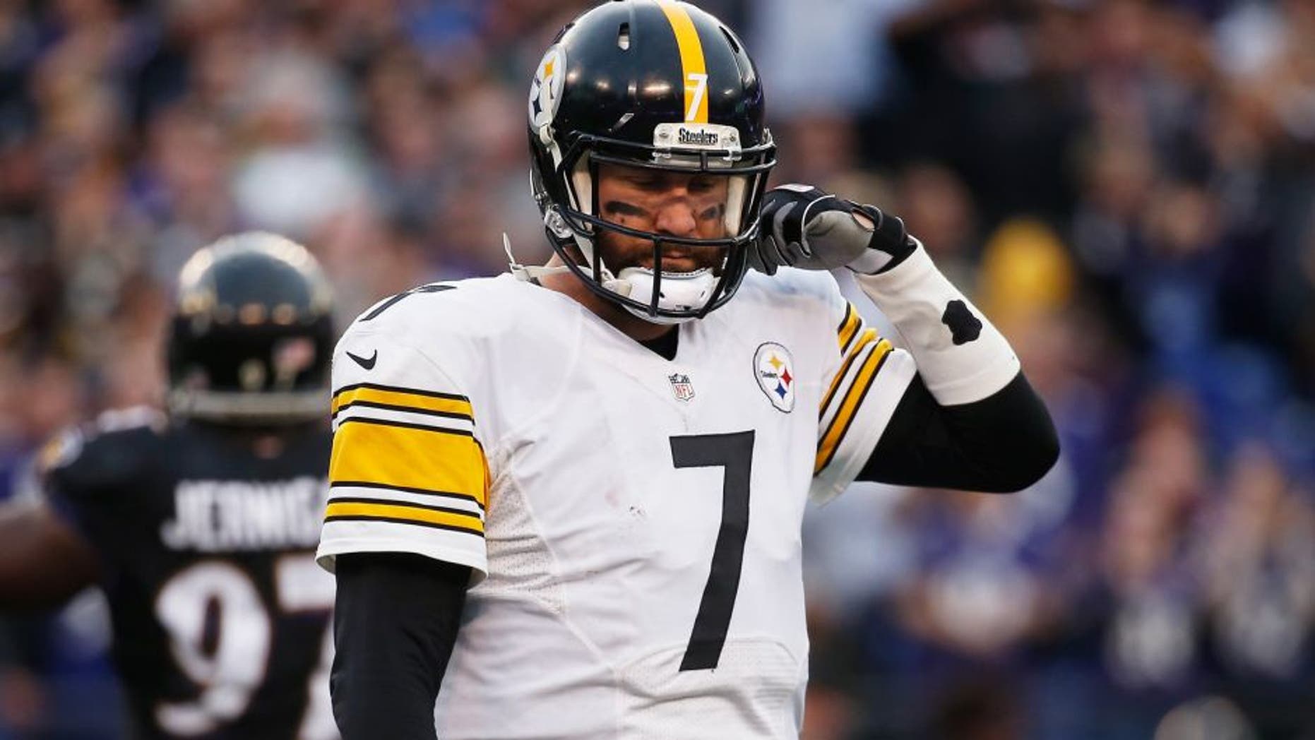 BALTIMORE, MD - DECEMBER 27: Ben Roethlisberger #7 of the Pittsburgh Steelers looks on during the fourth quarter against the Baltimore Ravens at M&T Bank Stadium on December 27, 2015 in Baltimore, Maryland. (Photo by Rob Carr/Getty Images)