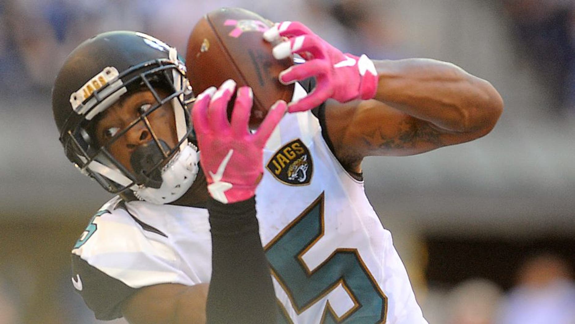 Oct 4, 2015; Indianapolis, IN, USA; Jacksonville Jaguars receiver Allen Robinson (15) makes a catch in the second half against the Indianapolis Colts at Lucas Oil Stadium. Mandatory Credit: Thomas J. Russo-USA TODAY Sports