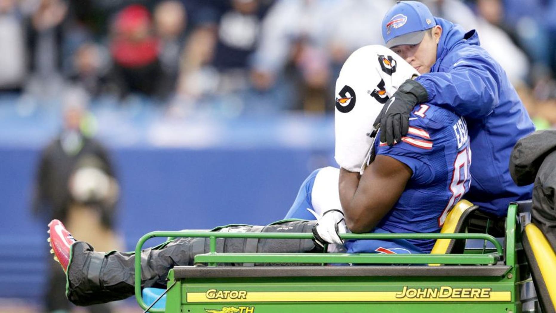 ORCHARD PARK, NY - DECEMBER 27: Marcus Easley #81 of the Buffalo Bills gets carted off the field during the first half against the Dallas Cowboys at Ralph Wilson Stadium on December 27, 2015 in Orchard Park, New York. (Photo by Brett Carlsen/Getty Images)