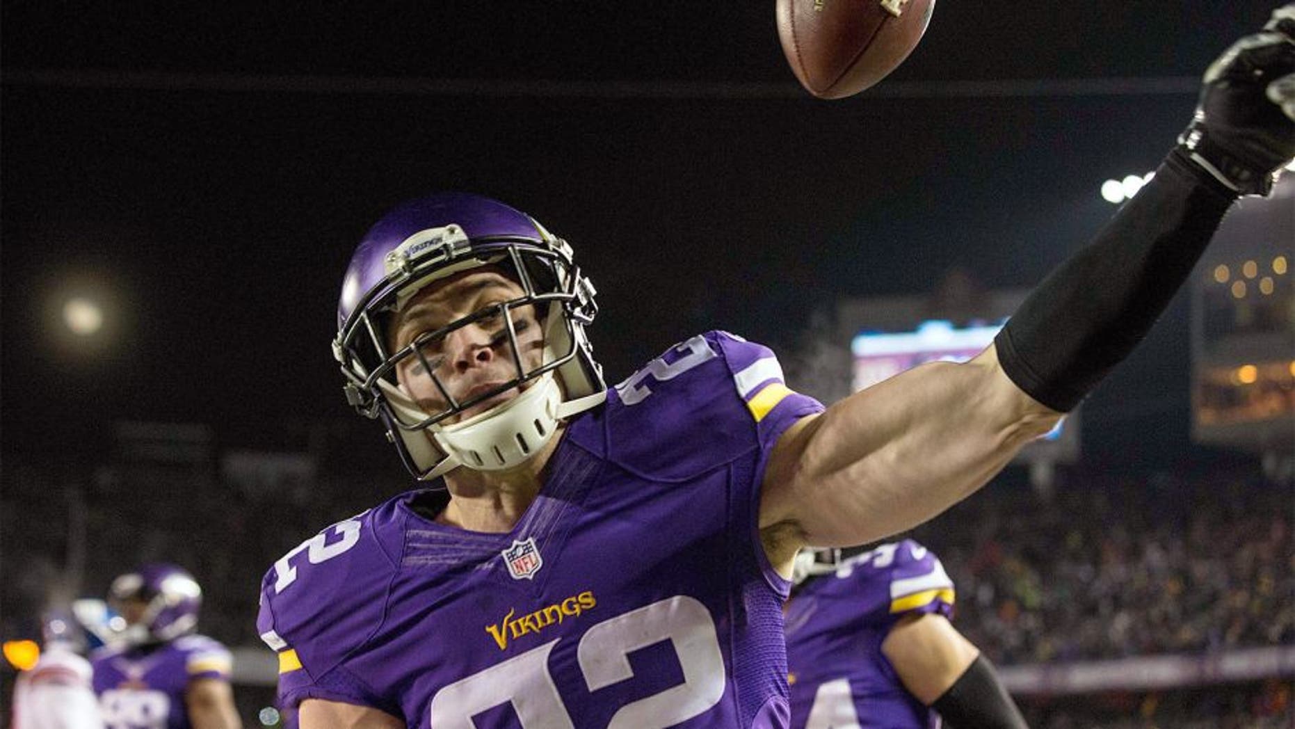 Dec 27, 2015; Minneapolis, MN, USA; Minnesota Vikings safety Harrison Smith (22) celebrates his interception for a touchdown during the second quarter against the New York Giants at TCF Bank Stadium. Mandatory Credit: Brace Hemmelgarn-USA TODAY Sports