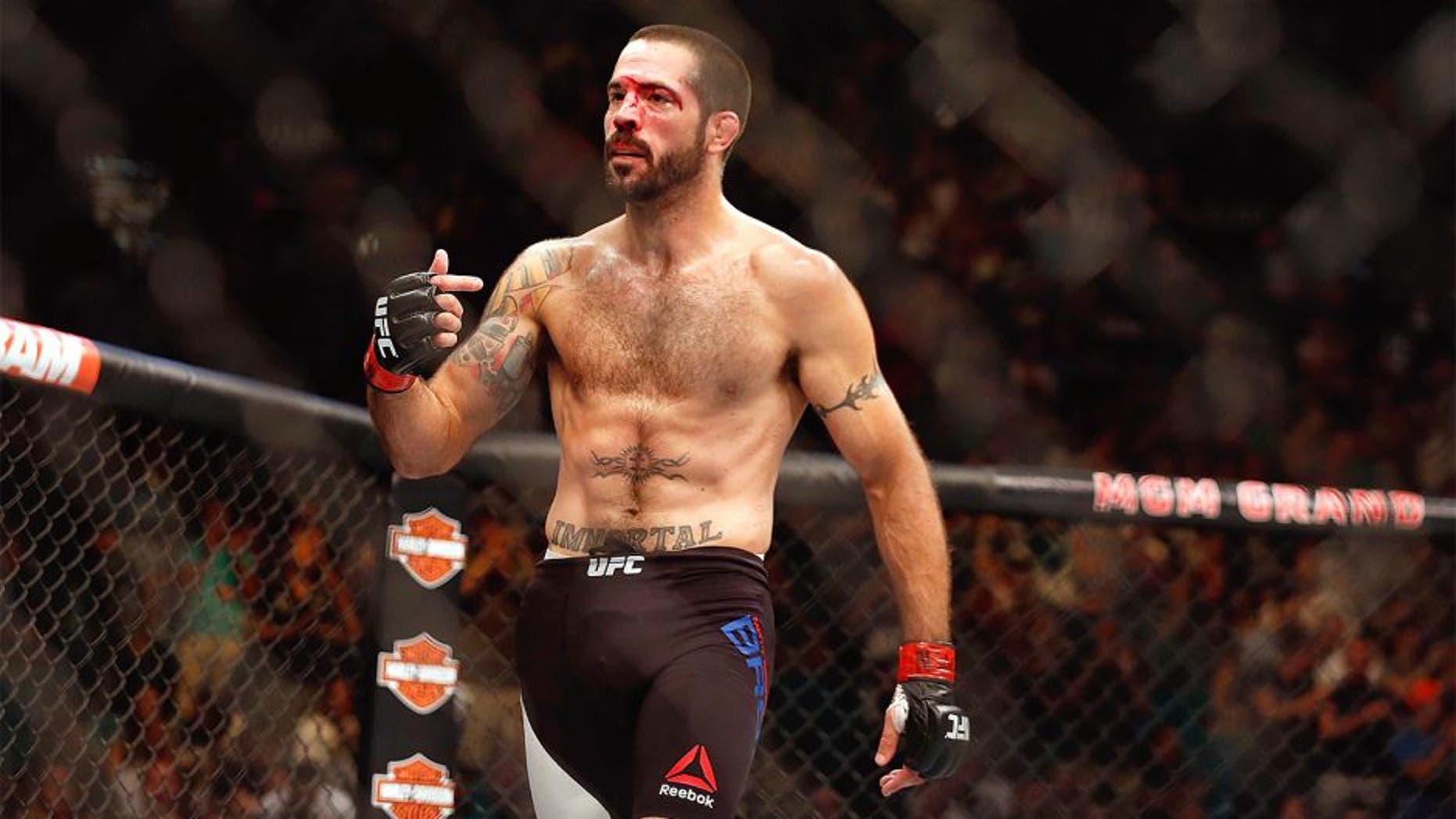 LAS VEGAS, NV - JULY 11: Matt Brown reacts to his victory over Tim Means in their welterweight fight during the UFC 189 event inside MGM Grand Garden Arena on July 11, 2015 in Las Vegas, Nevada. (Photo by Christian Petersen/Zuffa LLC/Zuffa LLC via Getty Images)