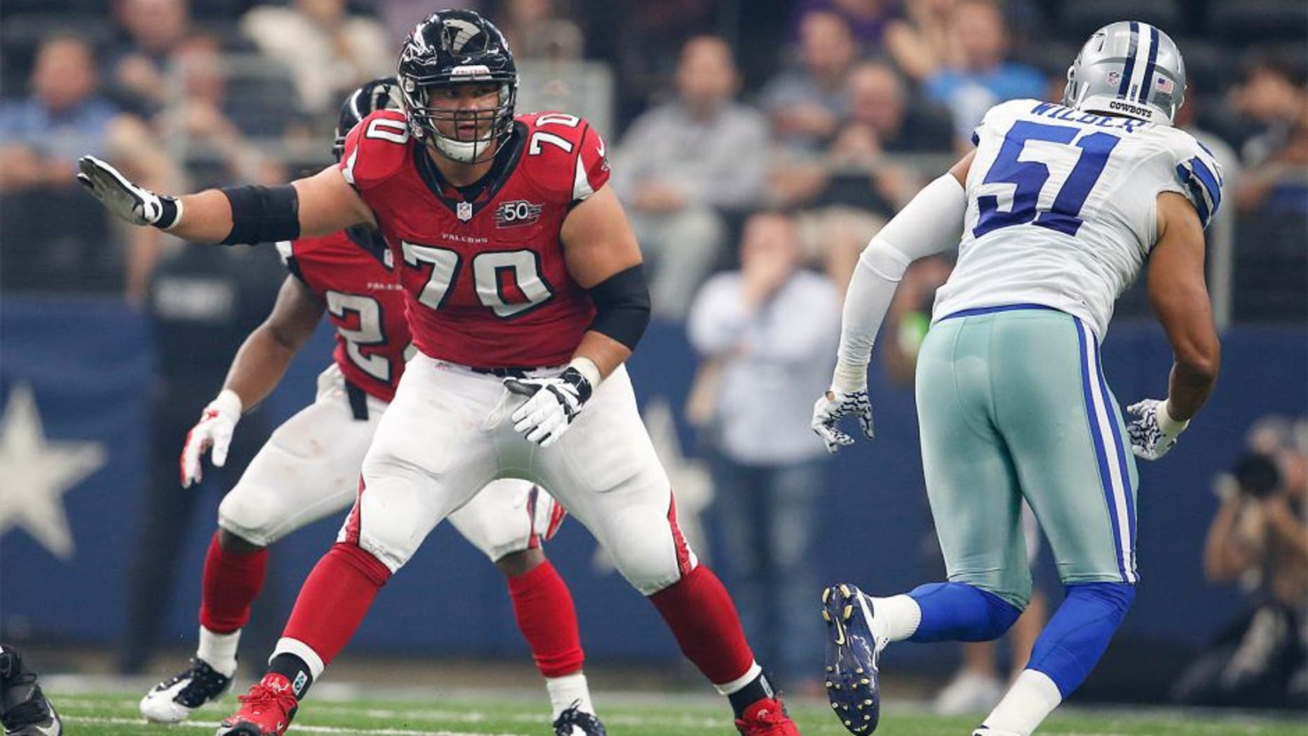 Sep 27, 2015; Arlington, TX, USA; Atlanta Falcons tackle Jake Matthews (70) in action against the Dallas Cowboys at AT&T Stadium. Mandatory Credit: Matthew Emmons-USA TODAY Sports