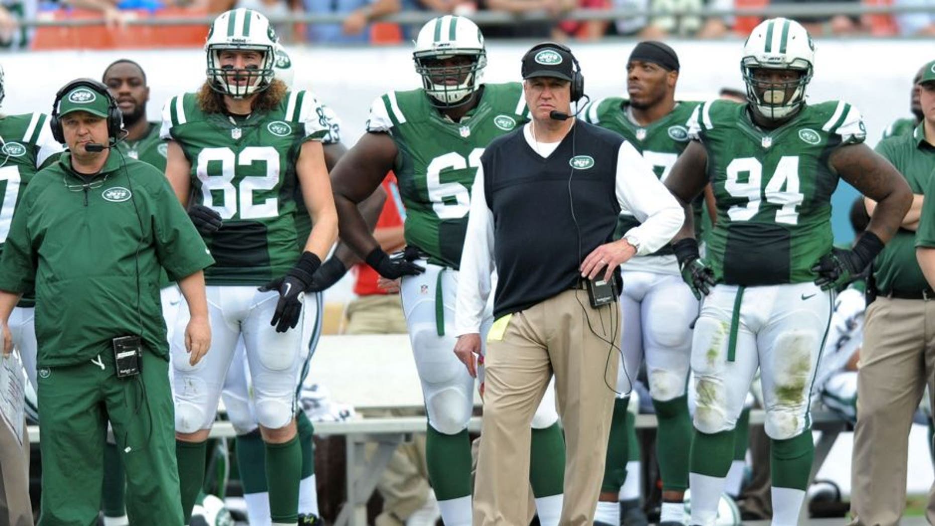 Dec 29, 2013; Miami Gardens, FL, USA; New York Jets head coach Rex Ryan looks on from the sideline during the first half against the Miami Dolphins at Sun Life Stadium. Mandatory Credit: Steve Mitchell-USA TODAY Sports