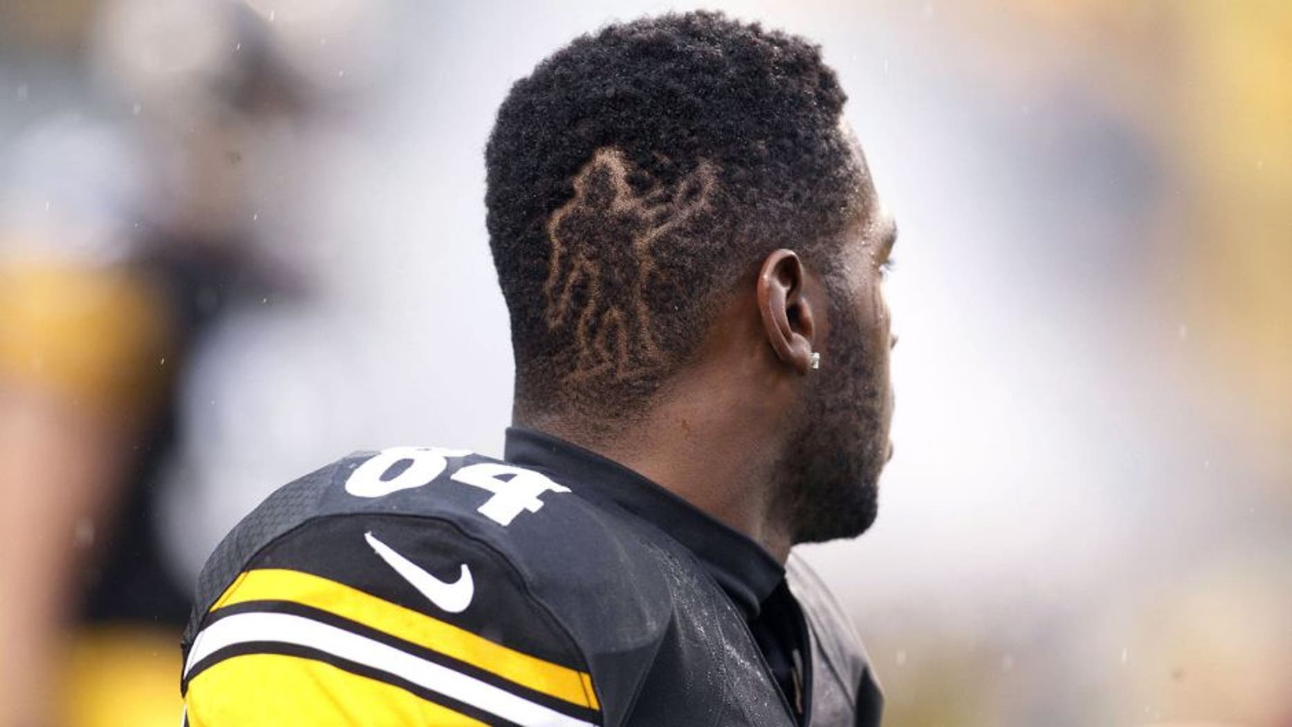 Dec 29, 2013; Pittsburgh, PA, USA; Pittsburgh Steelers wide receiver Antonio Brown (84) sports a unique hair style on the field before playing the Cleveland Browns at Heinz Field. Mandatory Credit: Charles LeClaire-USA TODAY Sports