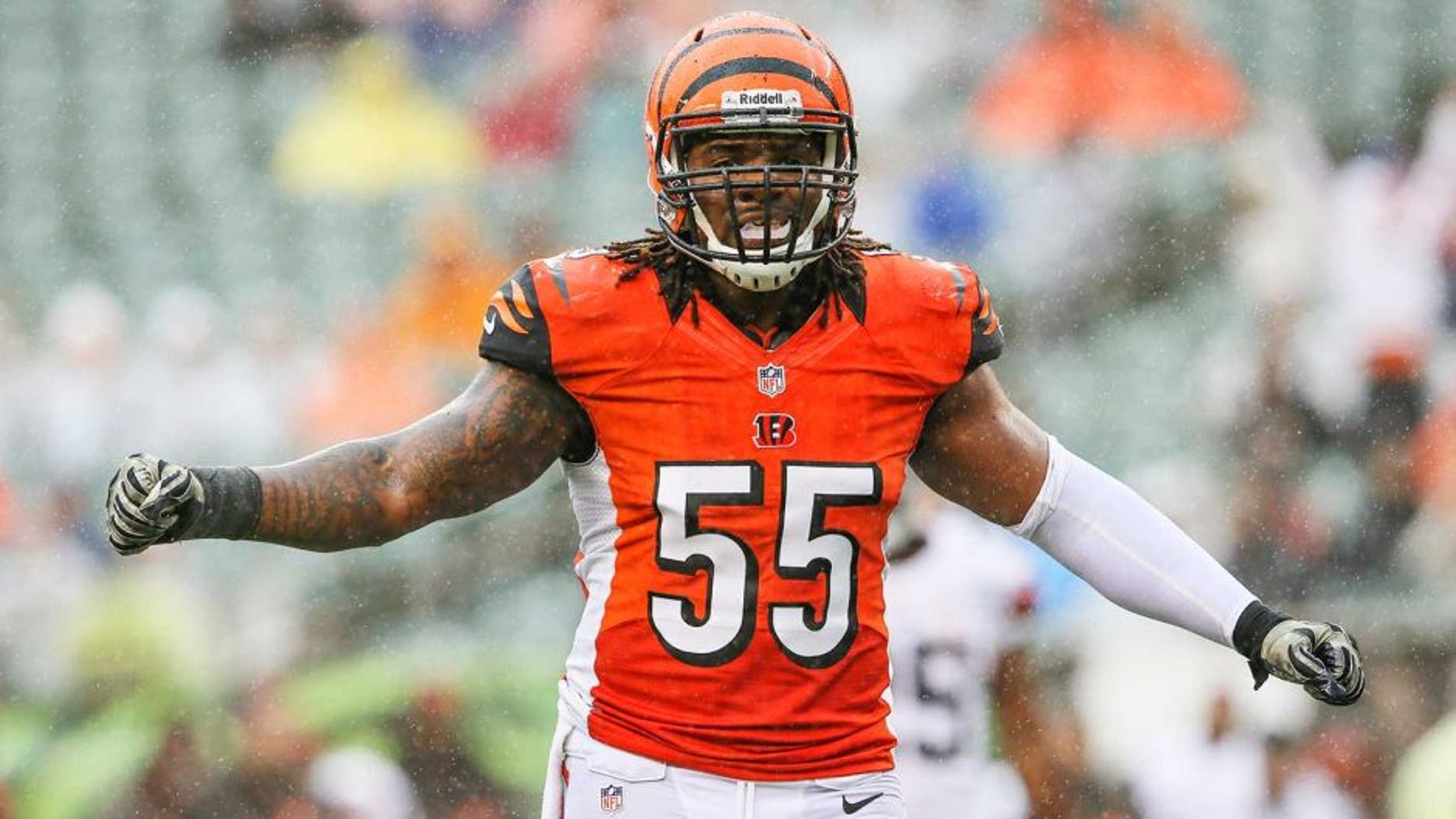 Nov 17, 2013; Cincinnati, OH, USA; Cincinnati Bengals outside linebacker Vontaze Burfict (55) reacts during the game against the Cleveland Browns at Paul Brown Stadium. Cincinnati won 41-20. Mandatory Credit: Kevin Jairaj-USA TODAY Sports