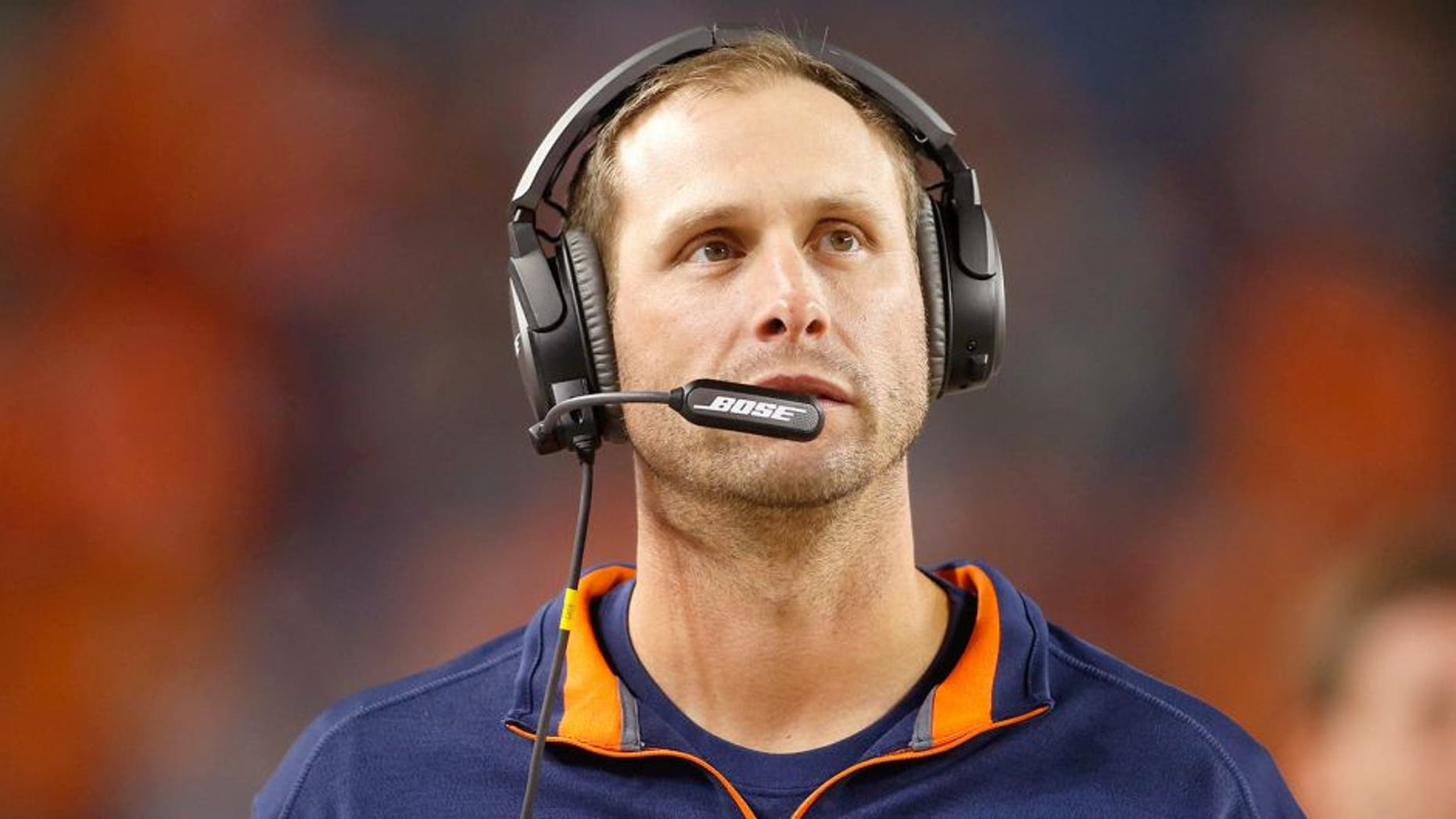 Oct 23, 2014; Denver, CO, USA; Denver Broncos offensive coordinator Adam Gase during the game against the San Diego Chargers at Sports Authority Field at Mile High. Mandatory Credit: Chris Humphreys-USA TODAY Sports