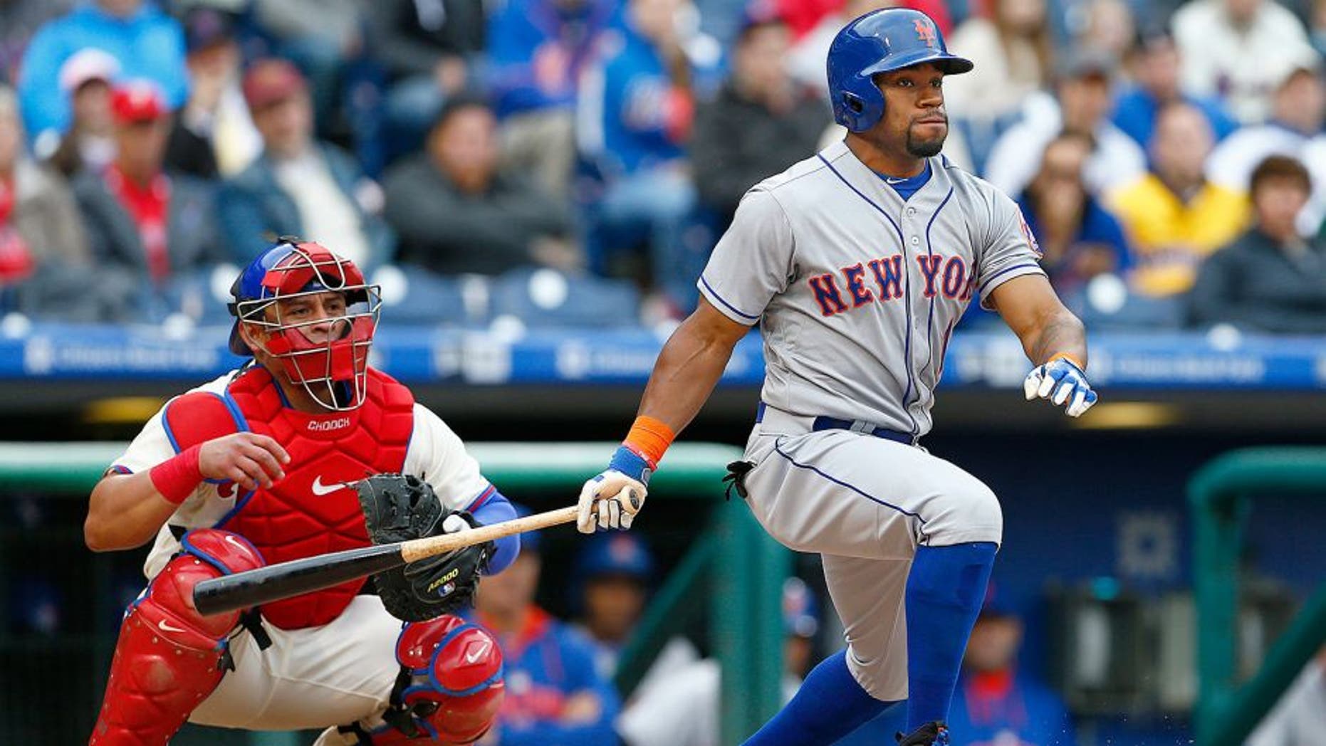 PHILADELPHIA, PA - October 1: Eric Young Jr. #1 of the New York Mets in action during an MLB game against the Philadelphia Phillies at Citizens Bank Park on October 1, 2015 in Philadelphia, Pennsylvania. The Phillies defeated the Mets 3-0. (Photo by Rich Schultz/Getty Images)